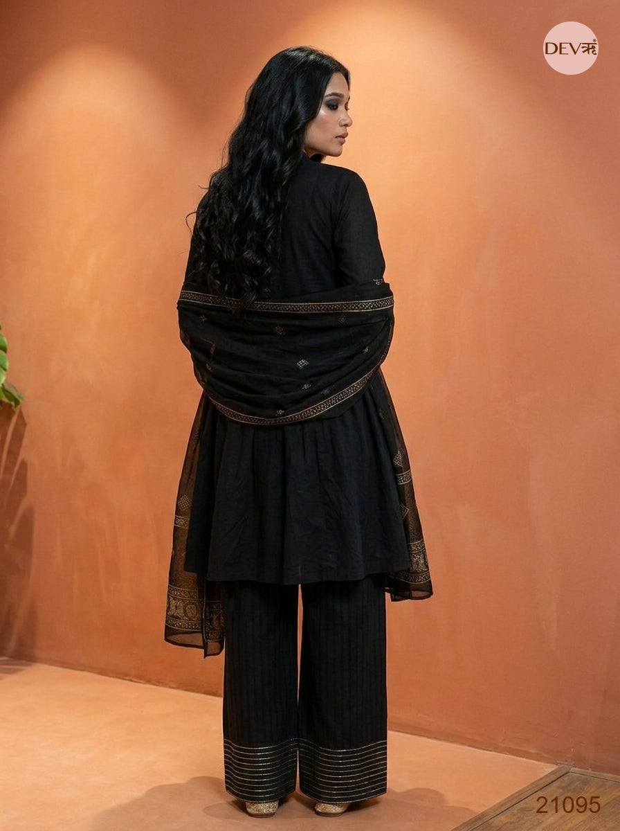 Noor Mul Chanderi Embroidered Black 3-Piece Set (Devri – D.No 21095)