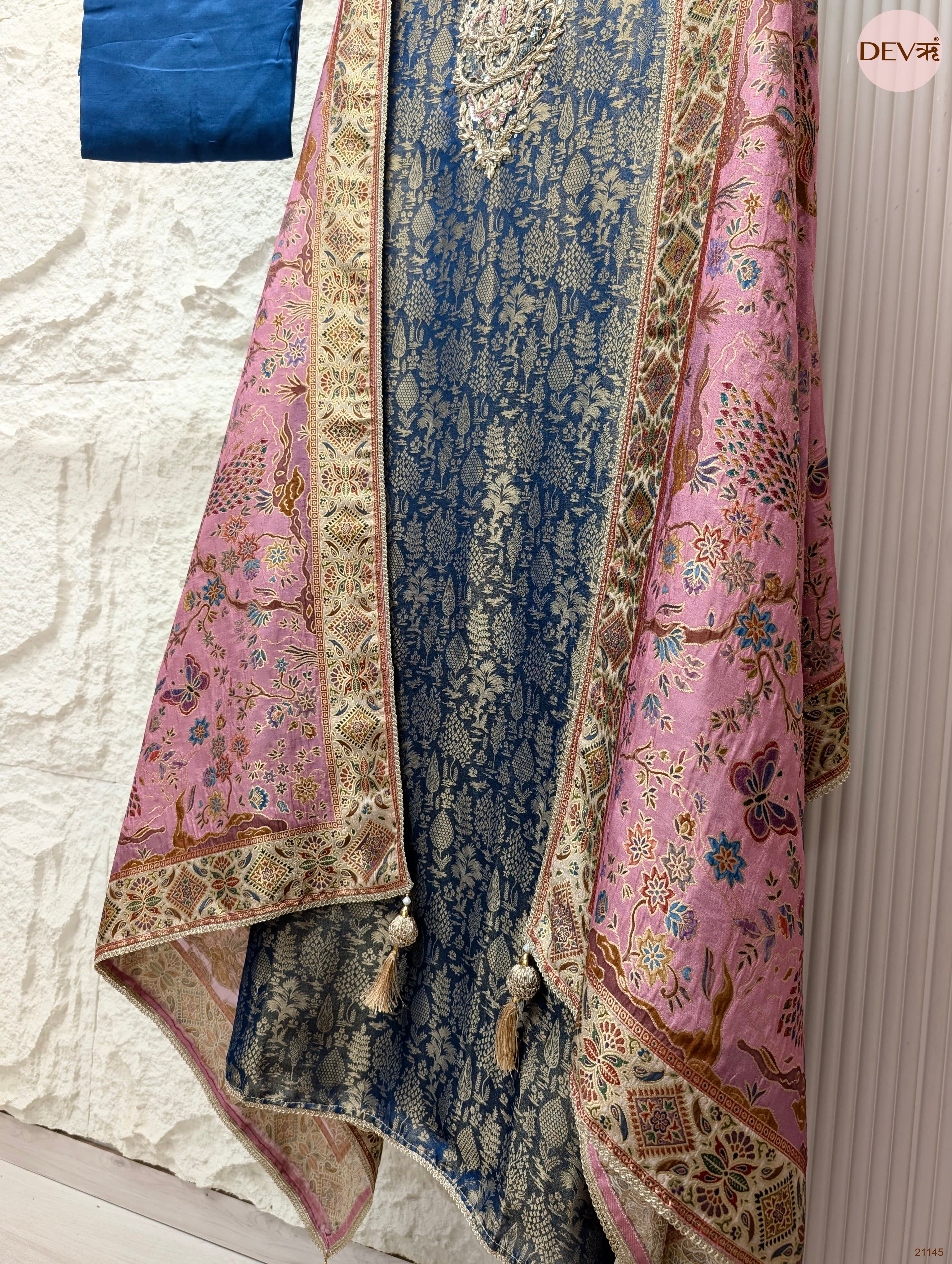 Blue Pure Banarasi Woven Silk Embroidered Unstitched 3-Piece Suit (Devri – D.No 21145)