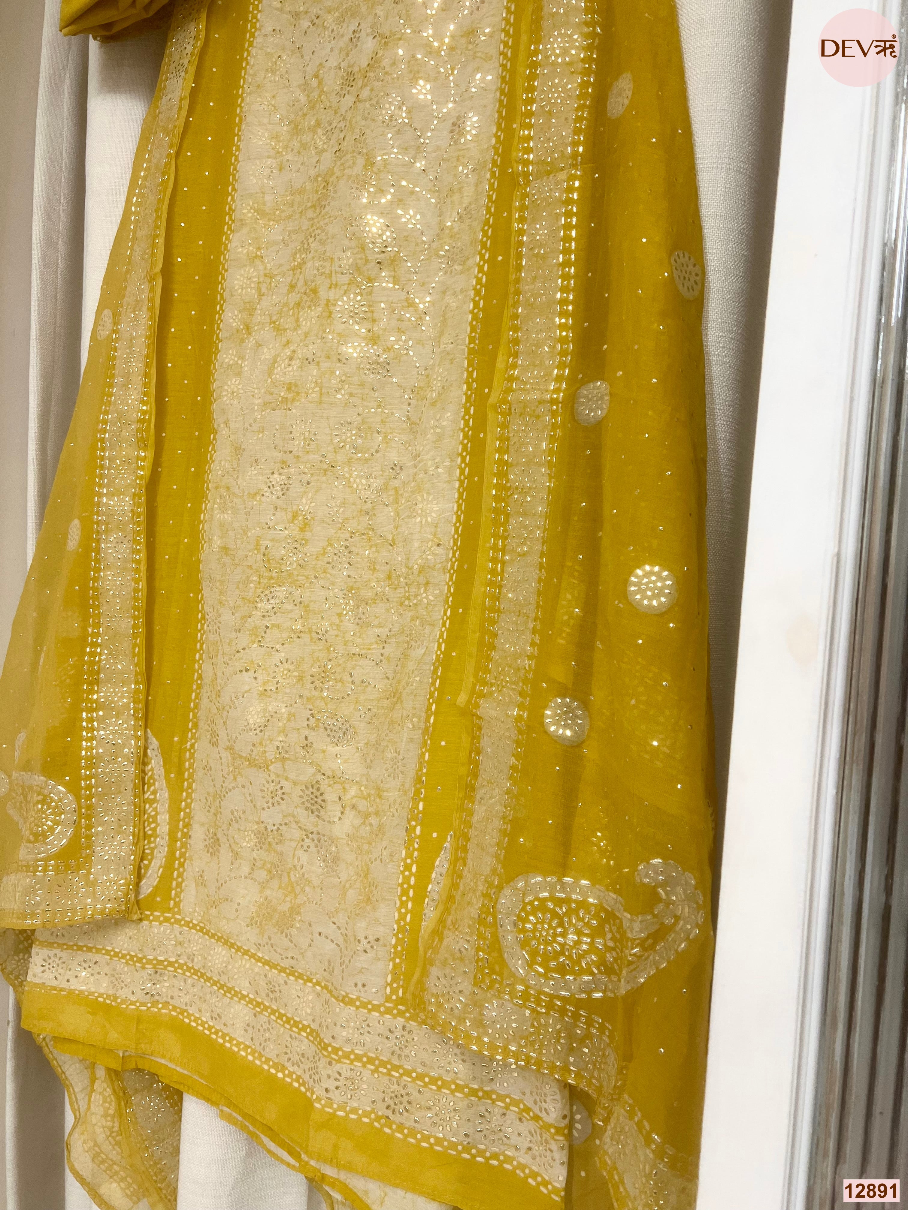 Yellow Mul Chanderi Printed Unstitched 3-Piece Suit (Devri – D.No 12891)