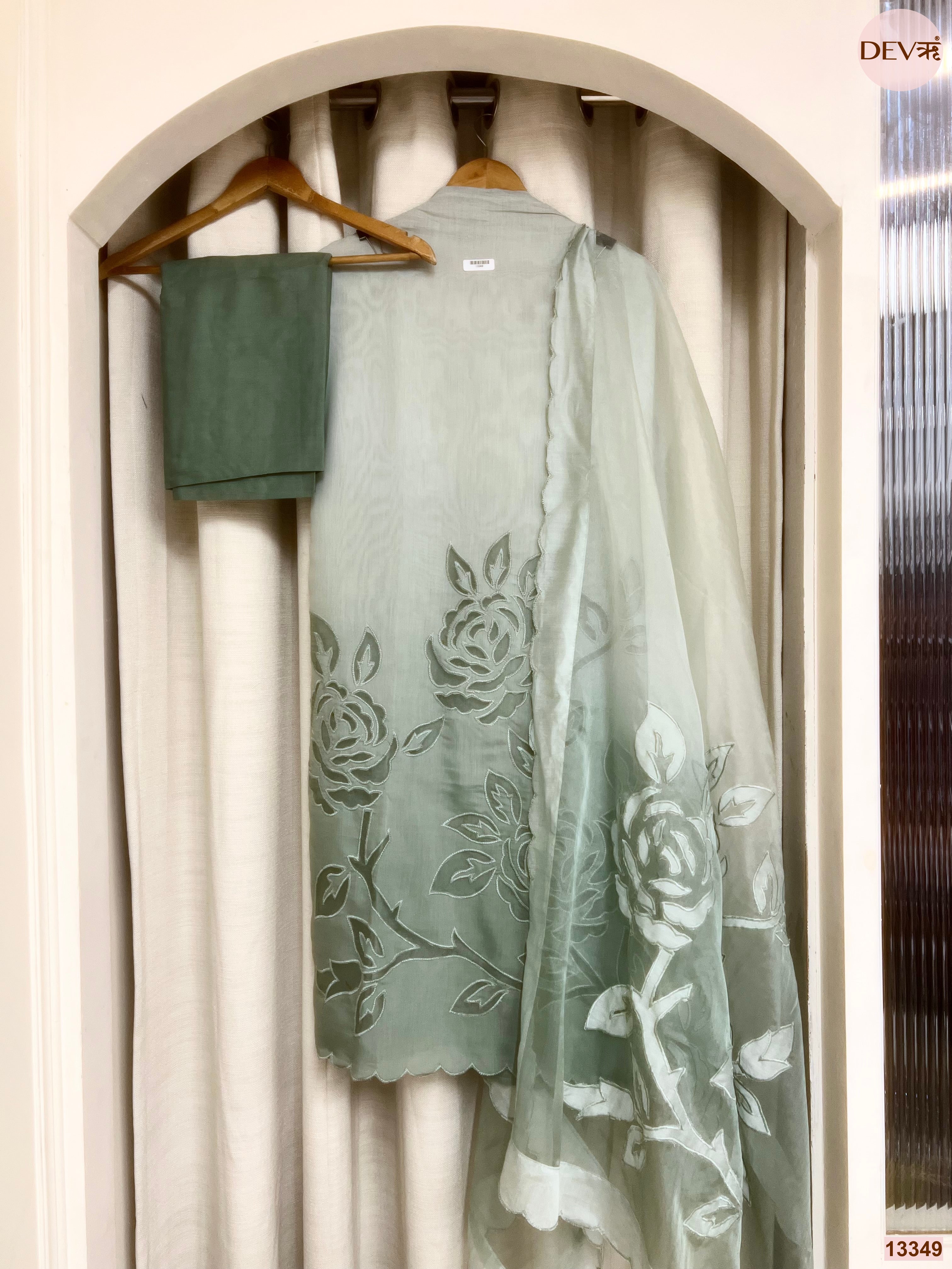 Sage Mul Chanderi Embroidered Unstitched 3-Piece Suit (Devri – D.No 13349)