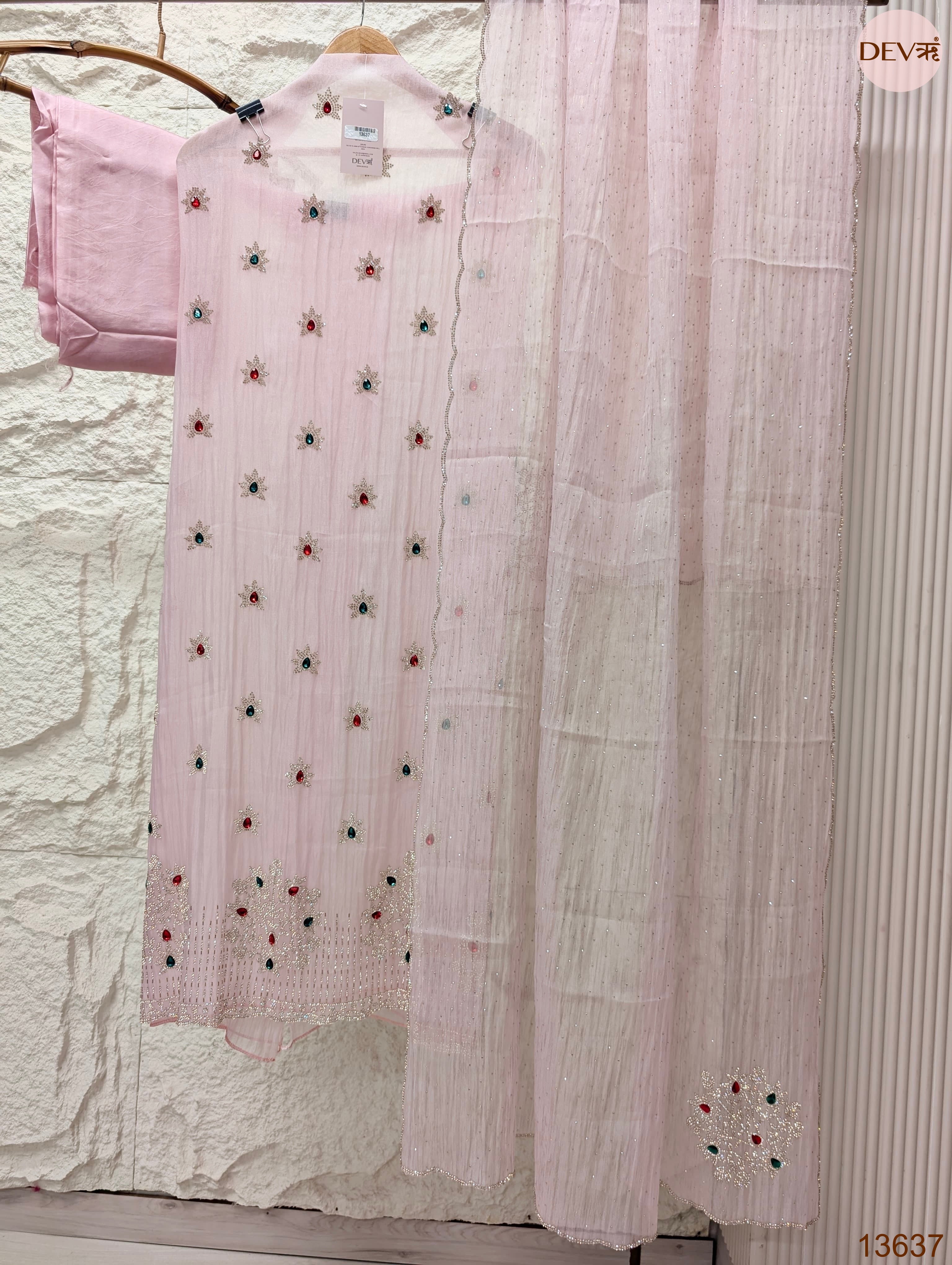 Pink Pure Organza Silk Embroidered Unstitched 3-Piece Suit (Devri – D.No 13637)
