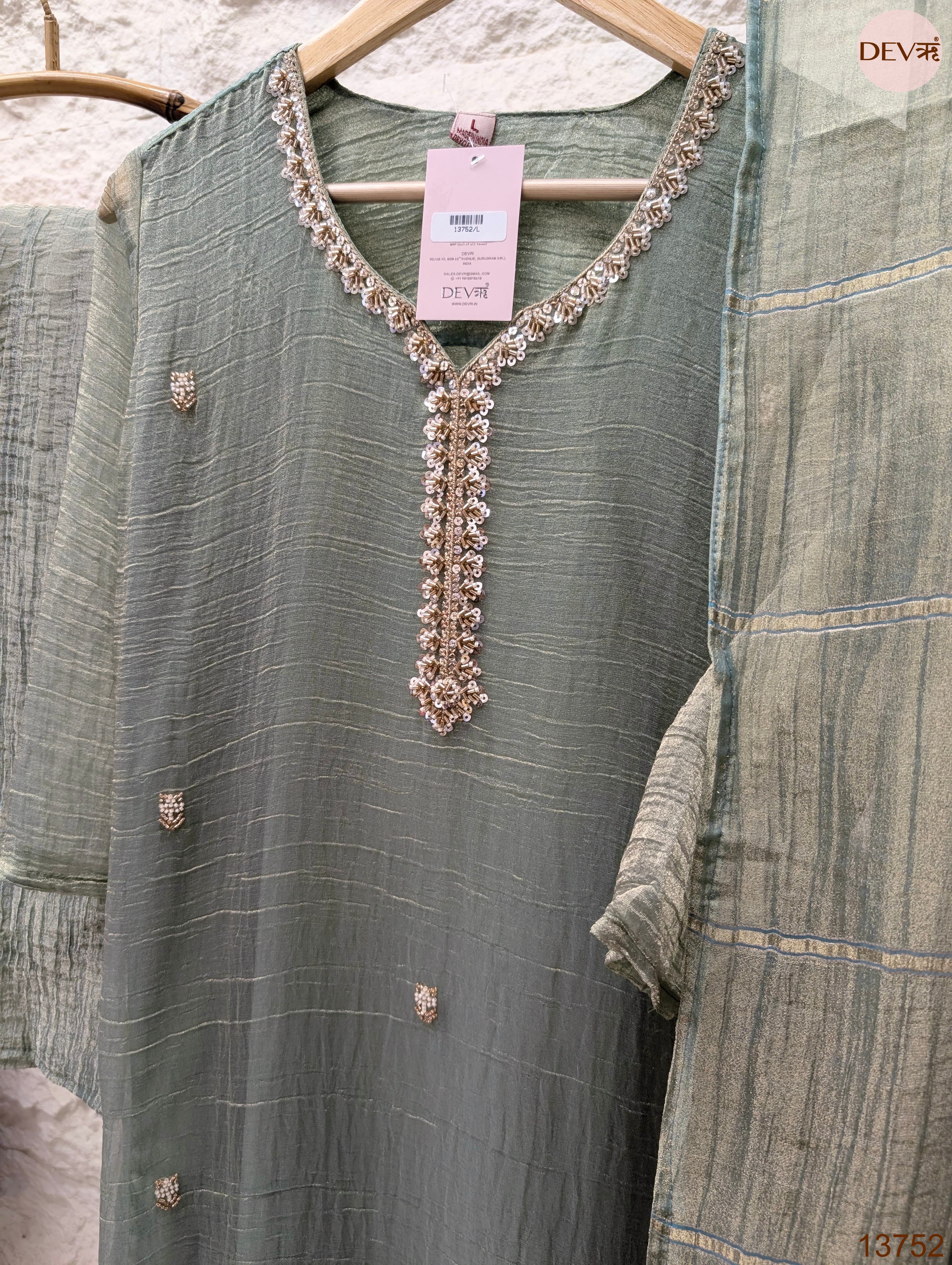 Gulnaar Tissue silk Embroidered Sage Green 3-Piece Set (Devri – D.No 13752)