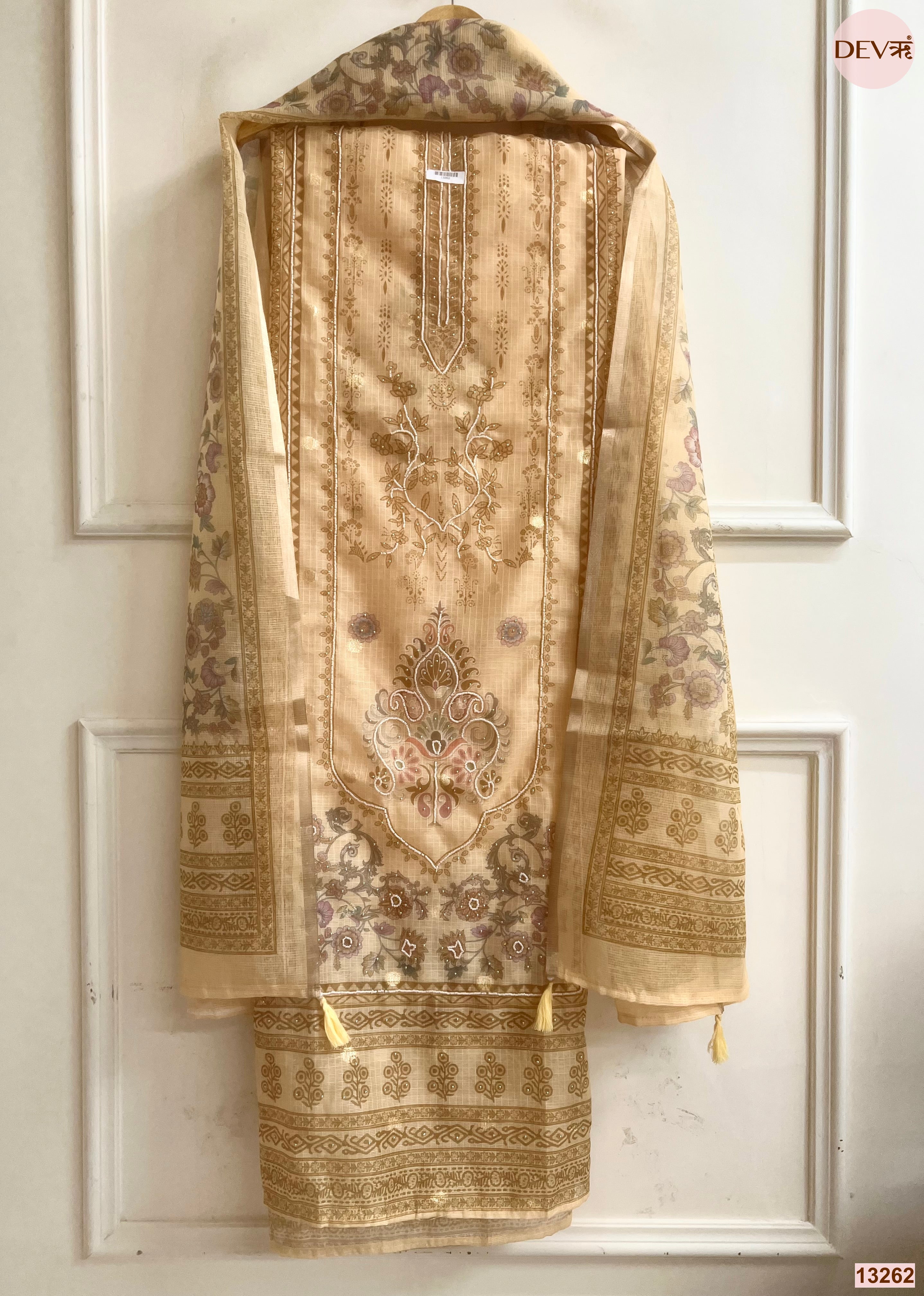 Beige Kota Printed Unstitched 3-Piece Suit (Devri – D.No 13262)
