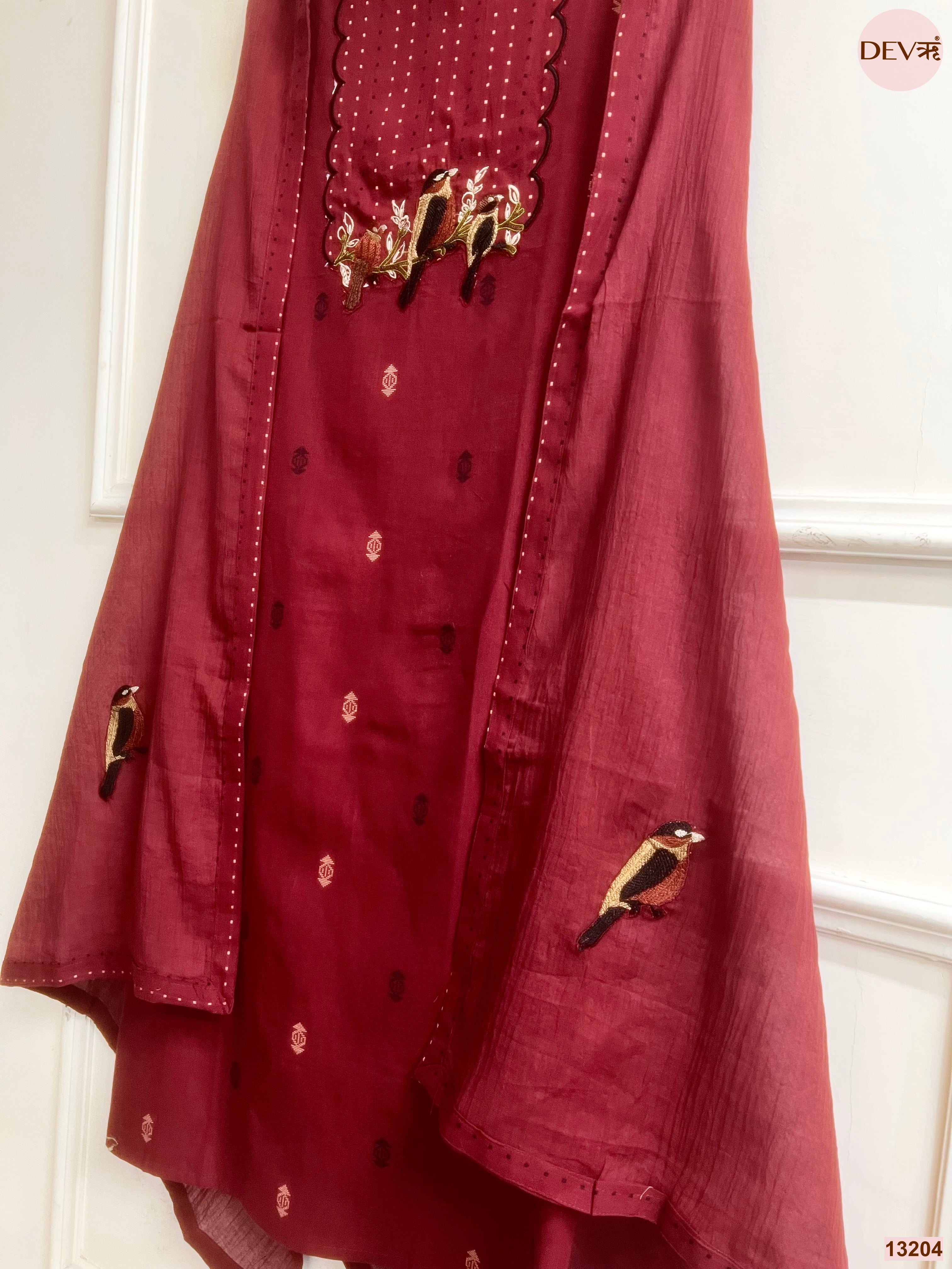 Maroon Embroidered Unstitched 3-Piece Suit (Devri – D.No 13204)