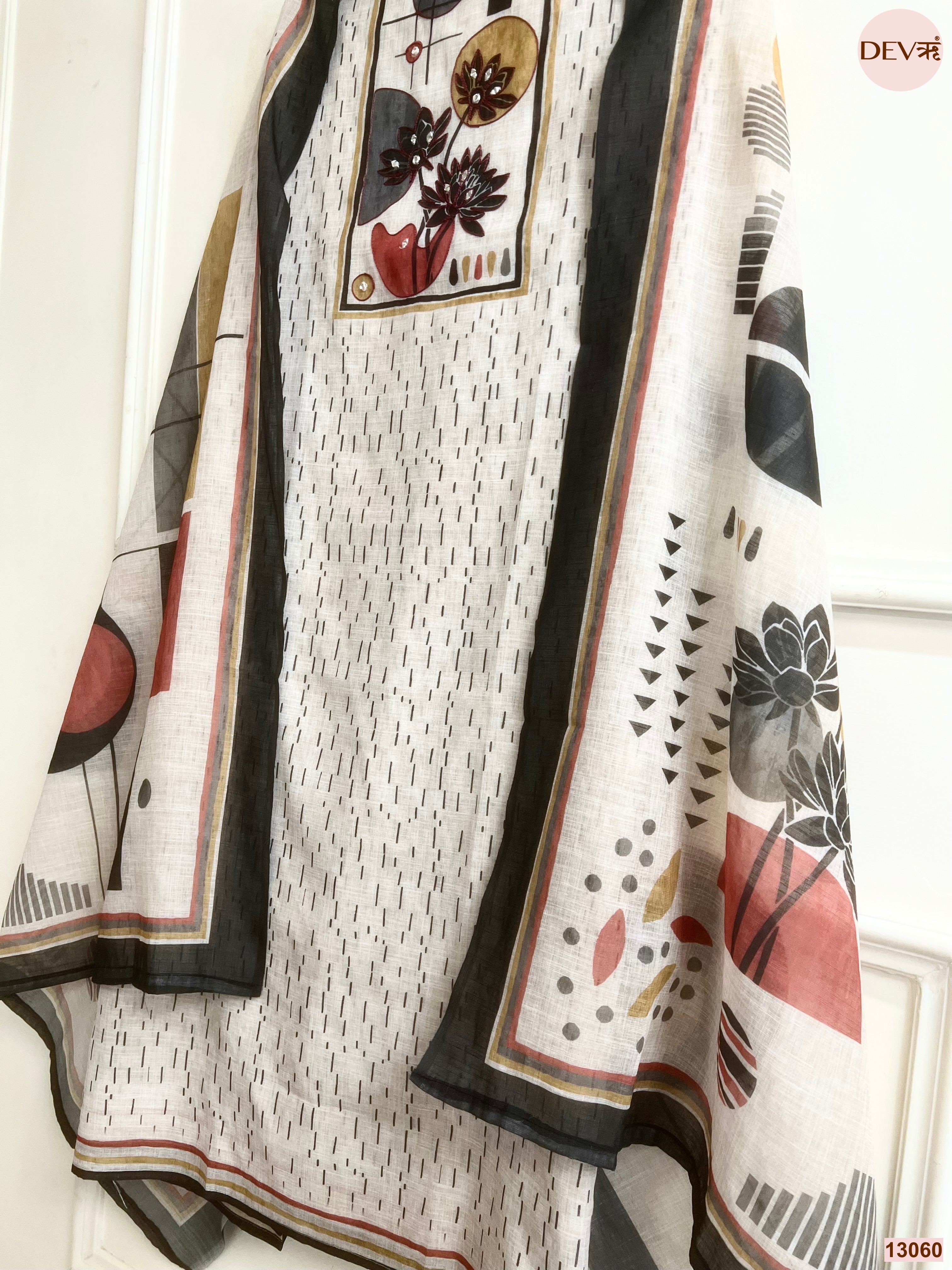 Beige Linen Cotton Printed Unstitched 3-Piece Suit (Devri – D.No 13060)