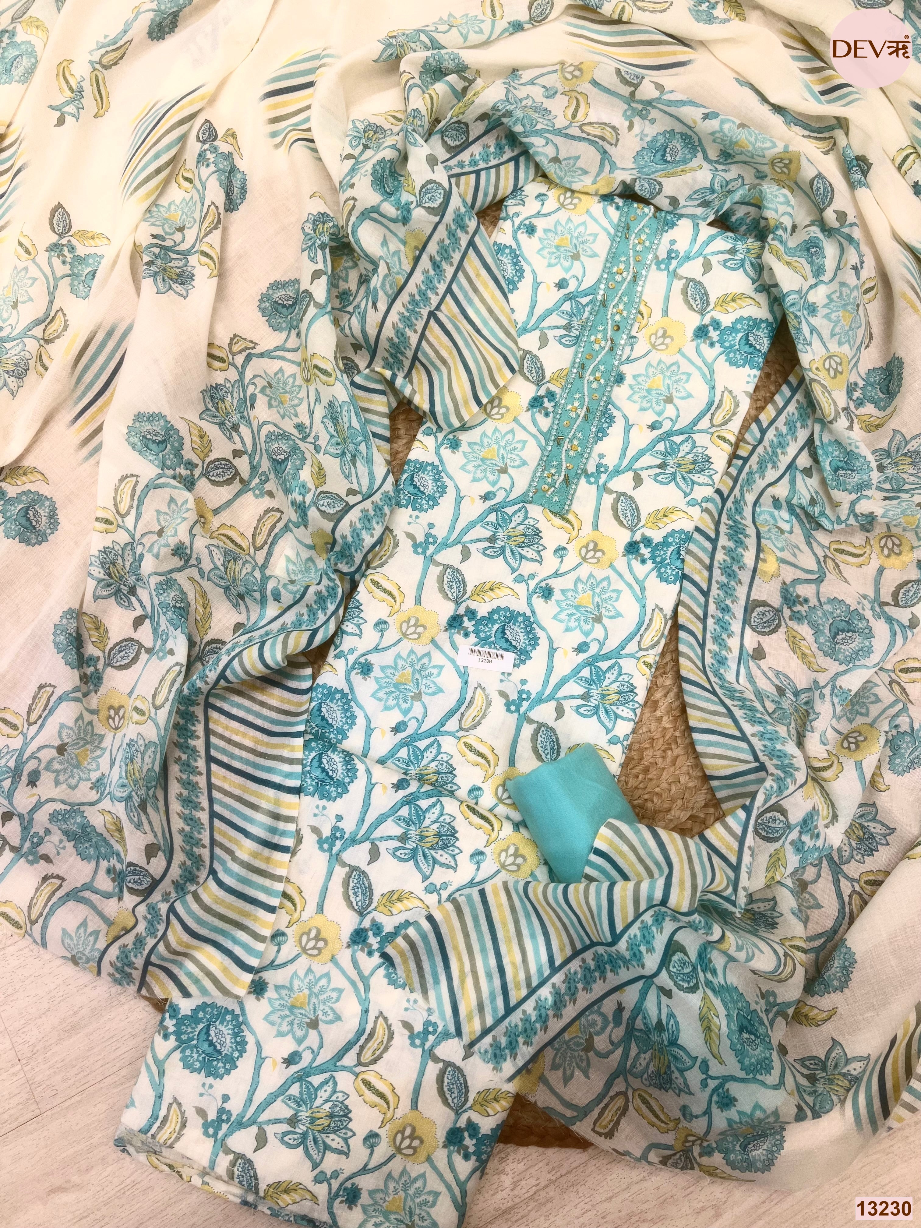 Aqua Cotton Printed Unstitched 3-Piece Suit (Devri – D.No 13230)