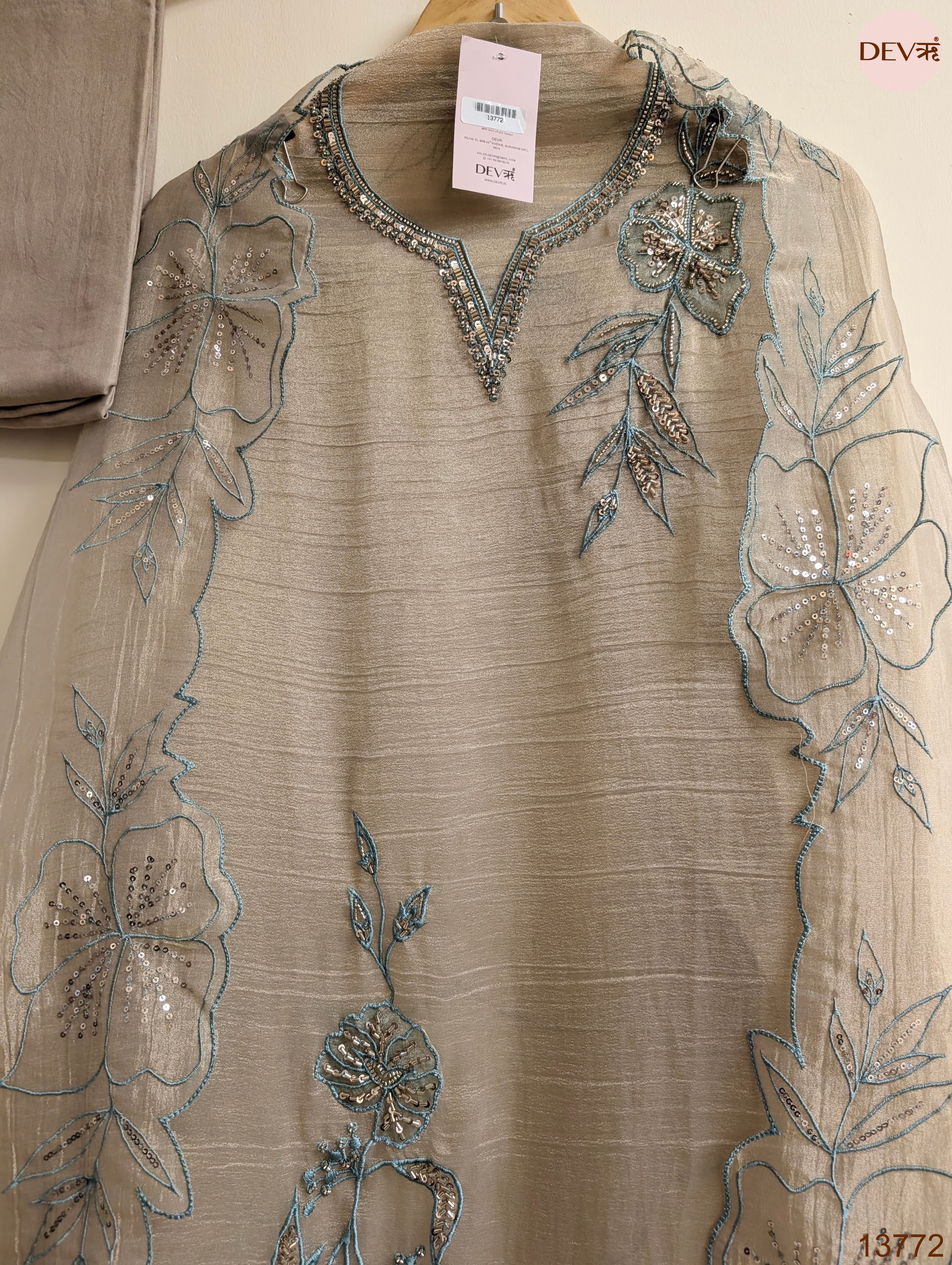 Taupe Crush Tissue Silk Embroidered Unstitched 3-Piece Suit (Devri – D.No 13772)