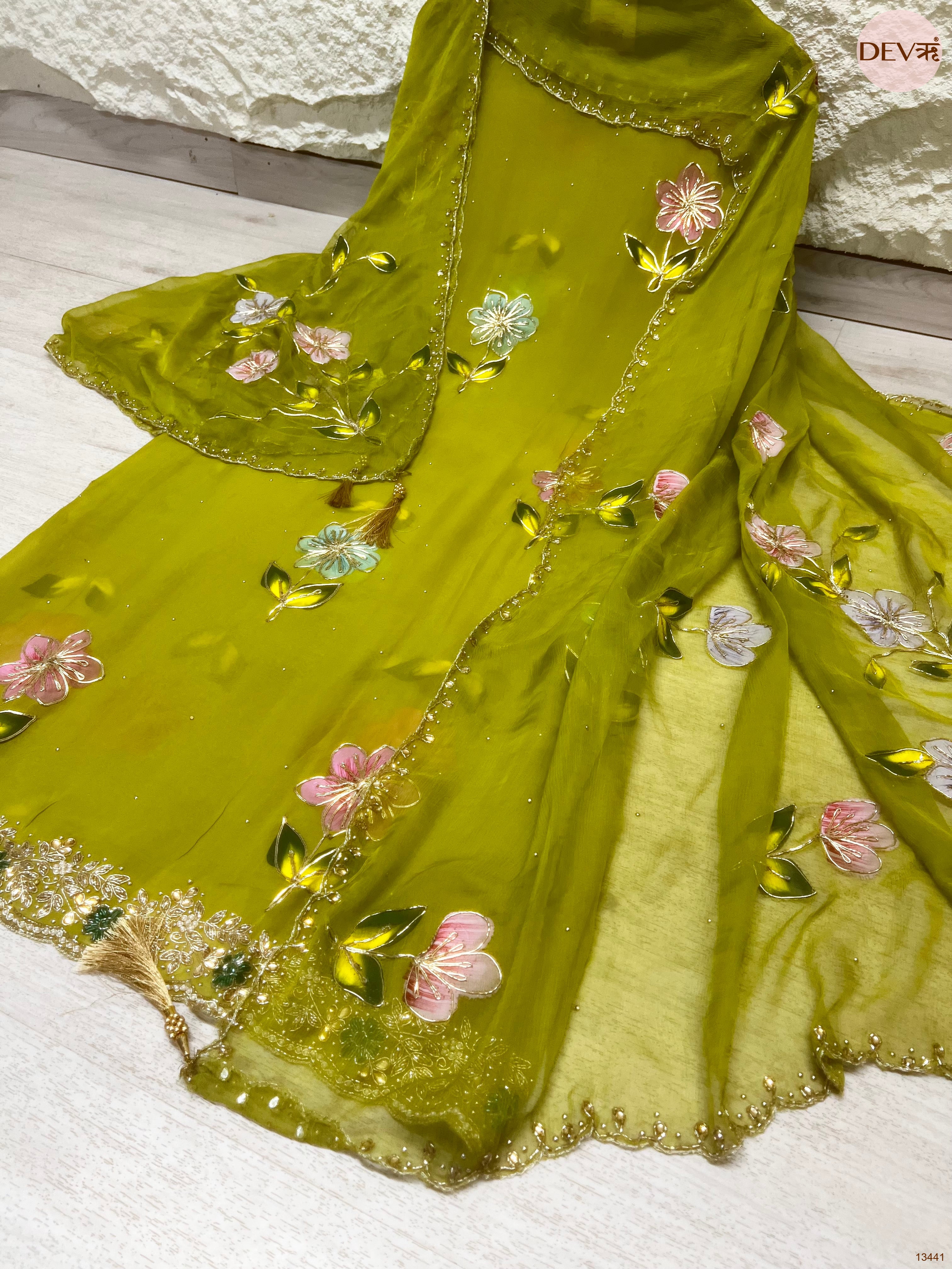 Olive viscose organza Embroidered Unstitched 3-Piece Suit (Devri – D.No 13441)