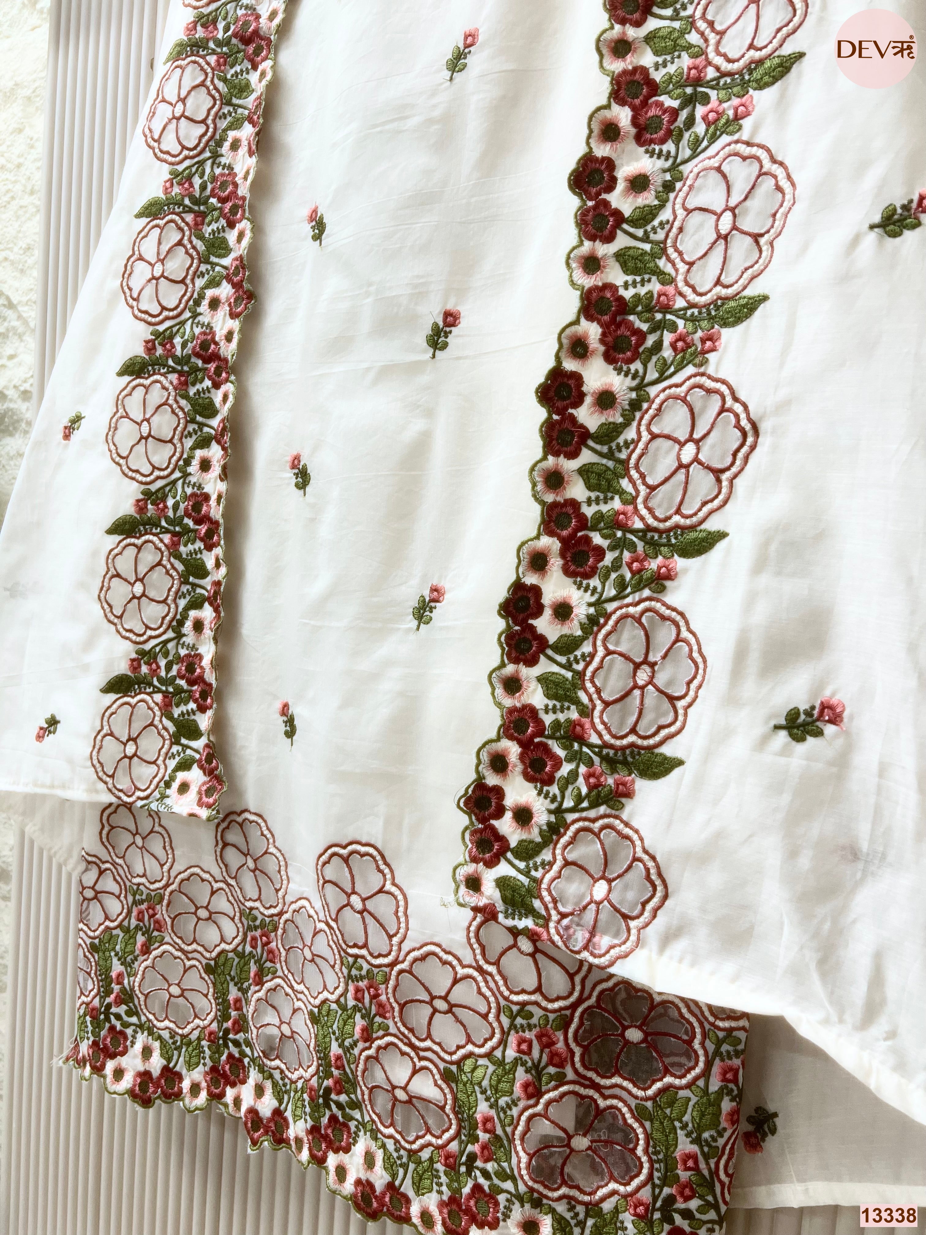 White Mul Chanderi Embroidered Unstitched 3-Piece Suit (Devri – D.No 13338)