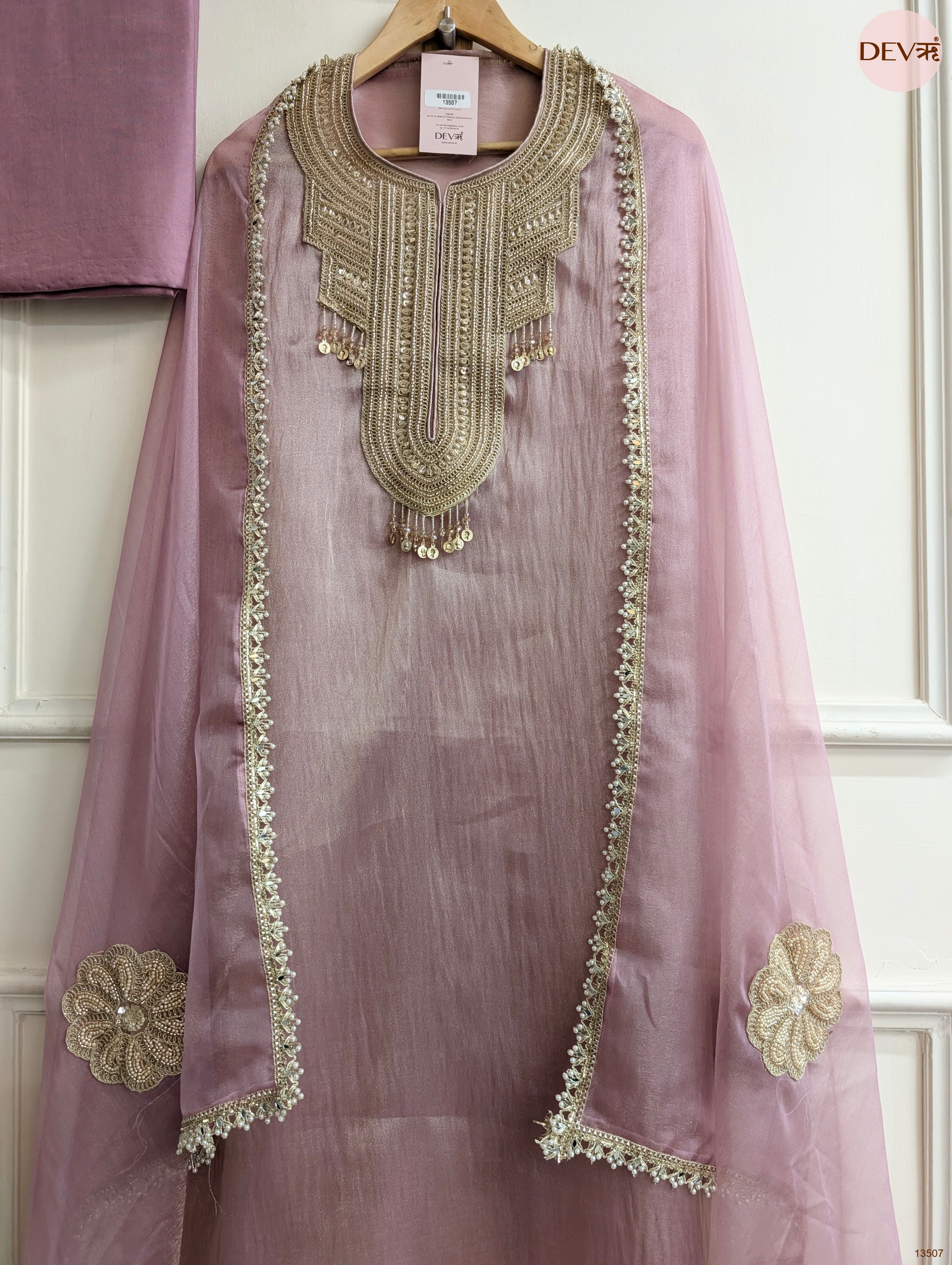 Pink Tissue Silk Hand Unstitched 3-Piece Suit (Devri – D.No 13507)