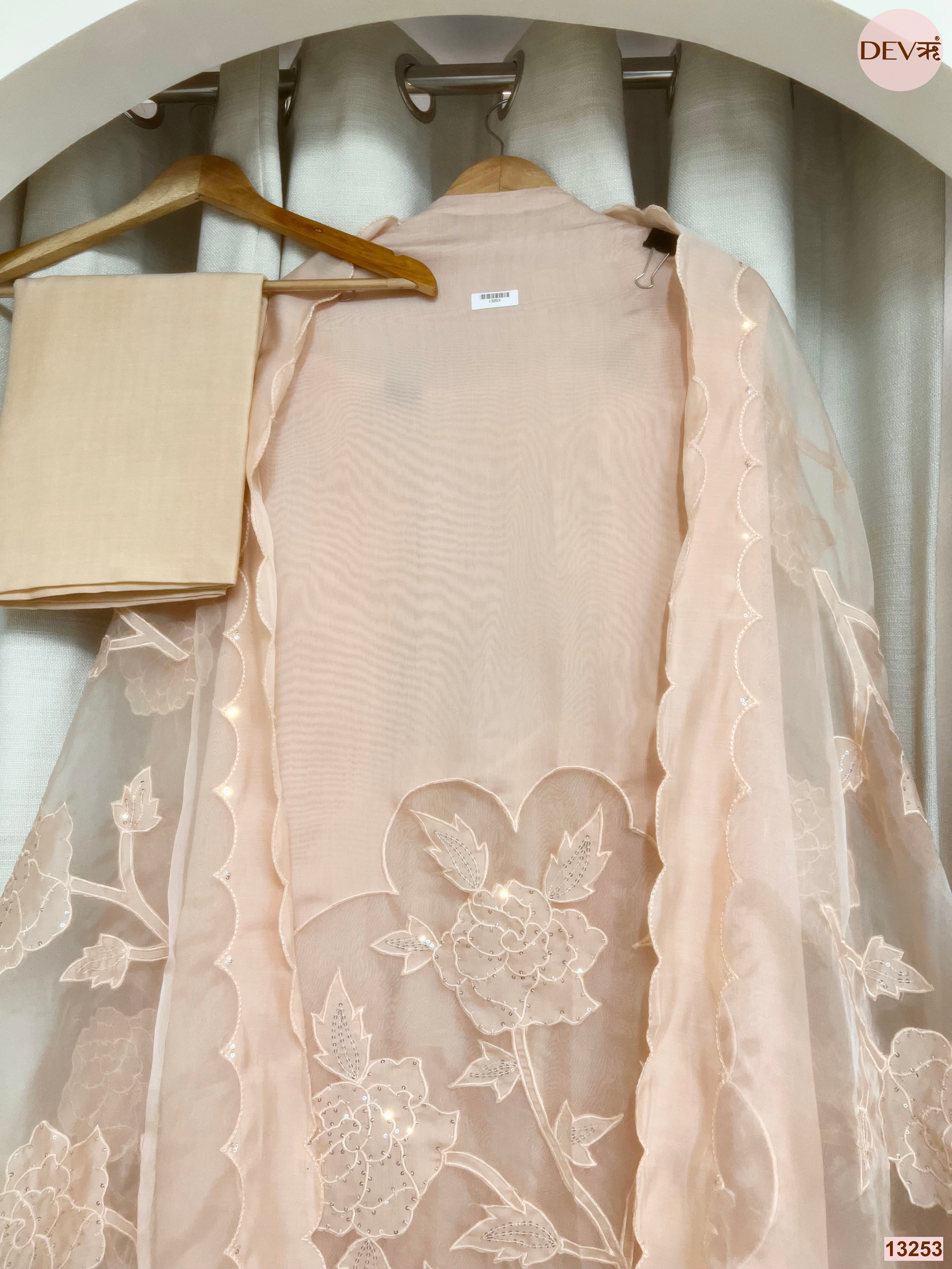 Peach Mul Chanderi Embroidered Unstitched 3-Piece Suit (Devri – D.No 13253)