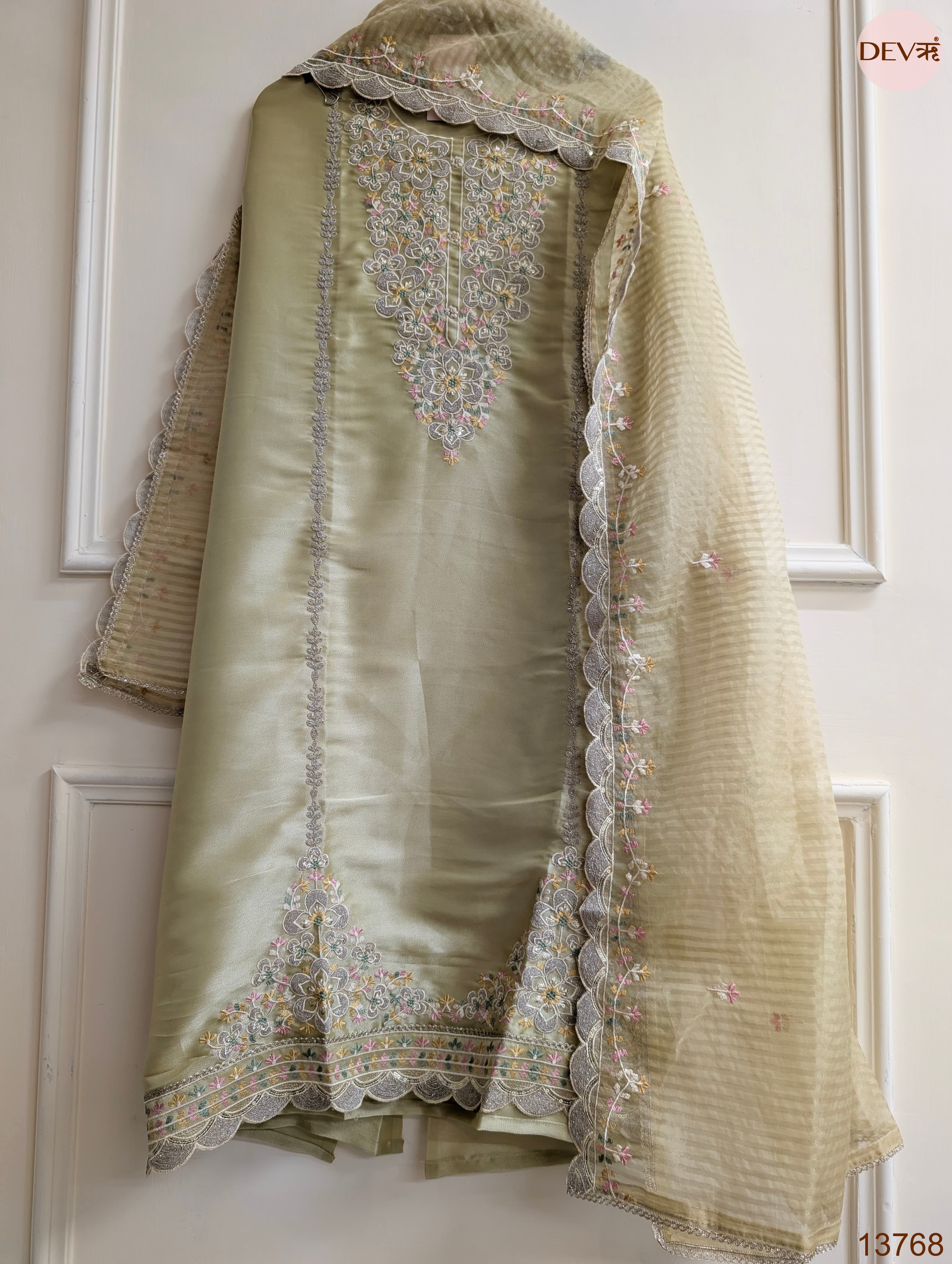 Olive Tissue Silk Embroidered Unstitched 3-Piece Suit (Devri – D.No 13768)