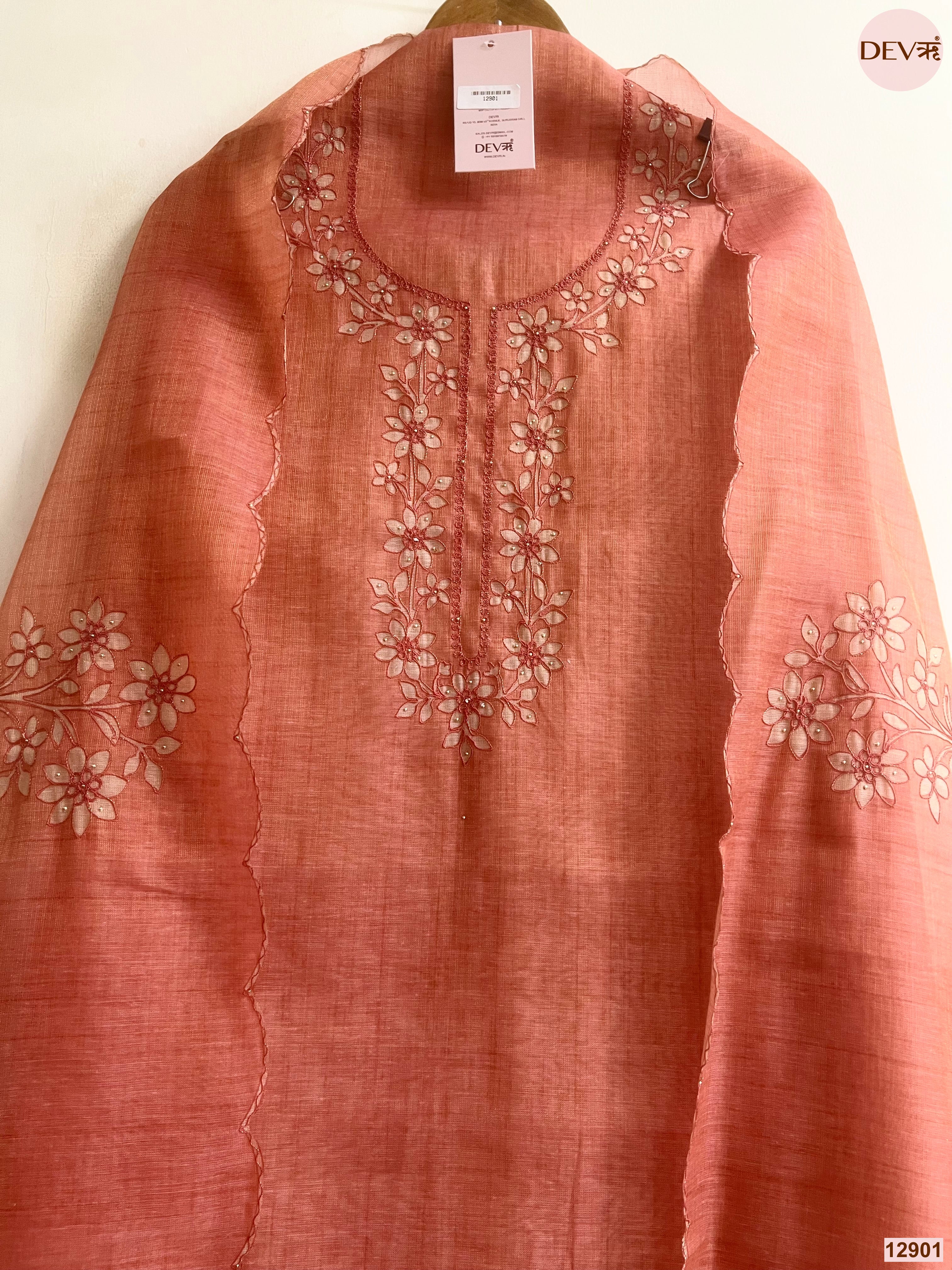 Peach Linen Embroidered Unstitched 3-Piece Suit (Devri – D.No 12901)