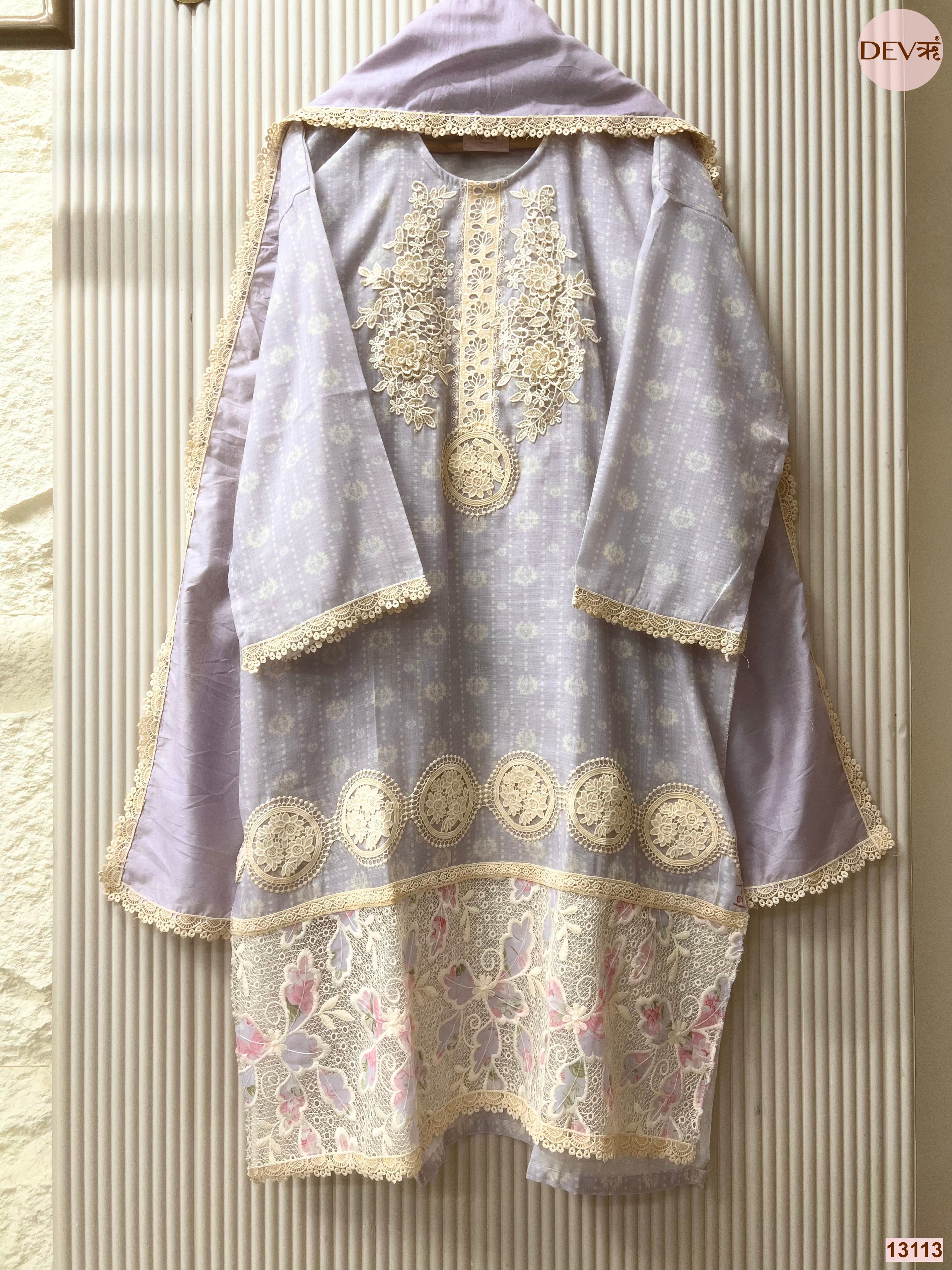 Lavender Linen Cotton Embroidered Unstitched 3-Piece Suit (Devri – D.No 13113)