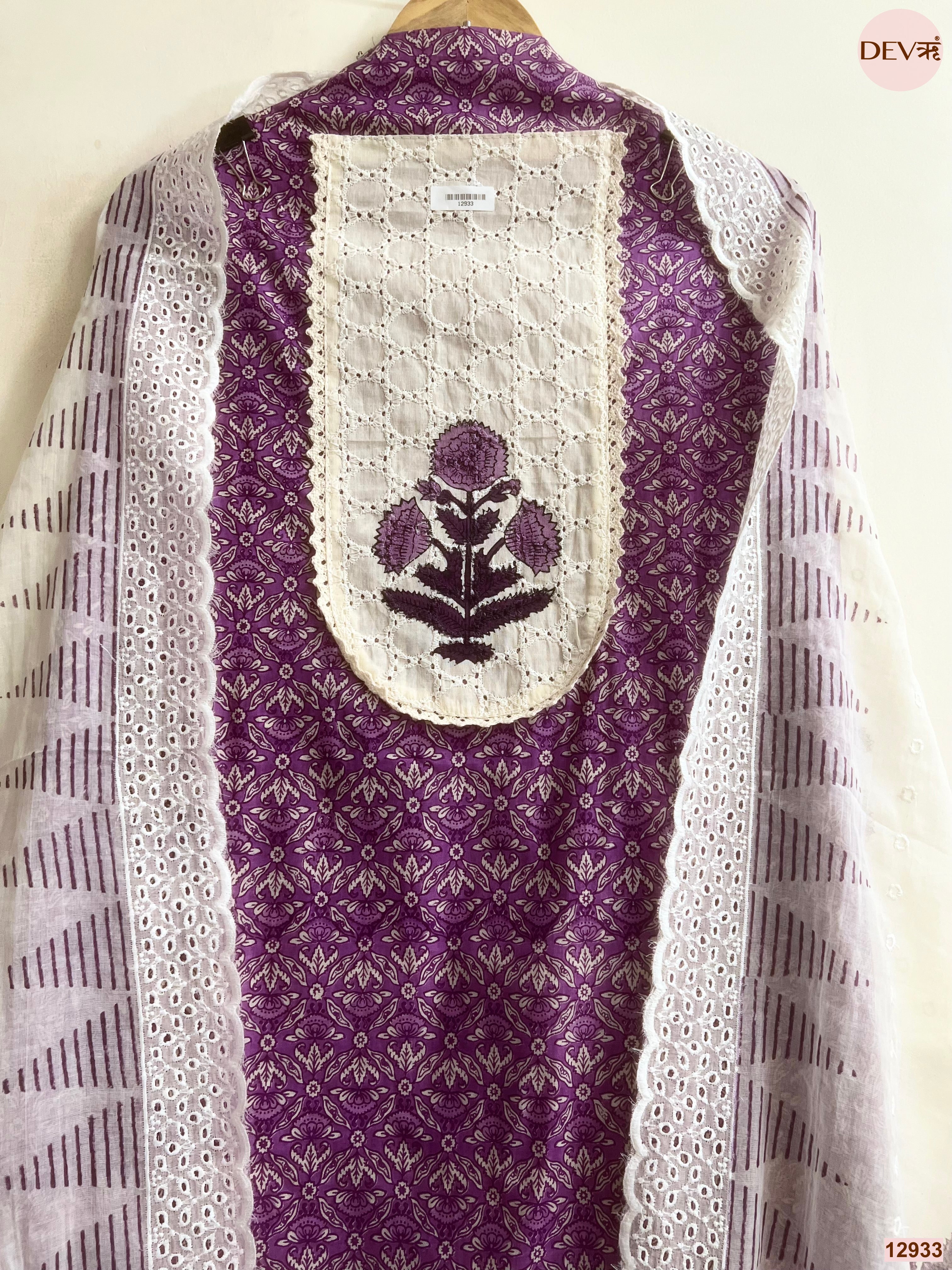 Purple Cotton Printed Unstitched 3-Piece Suit (Devri – D.No 12933)