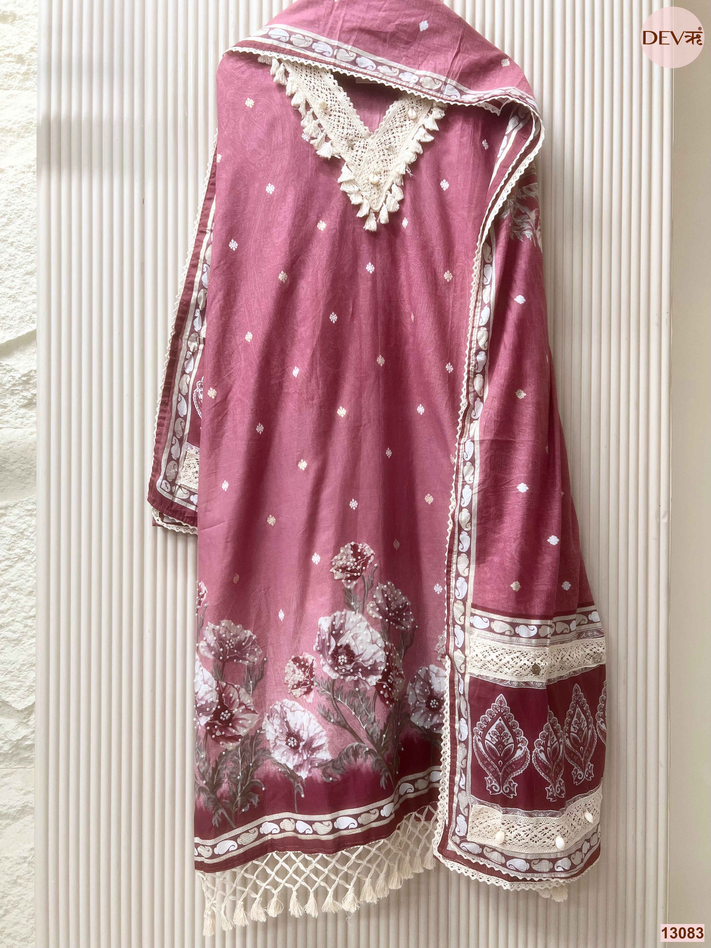 Pink Cotton Printed Unstitched 3-Piece Suit (Devri – D.No 13083)