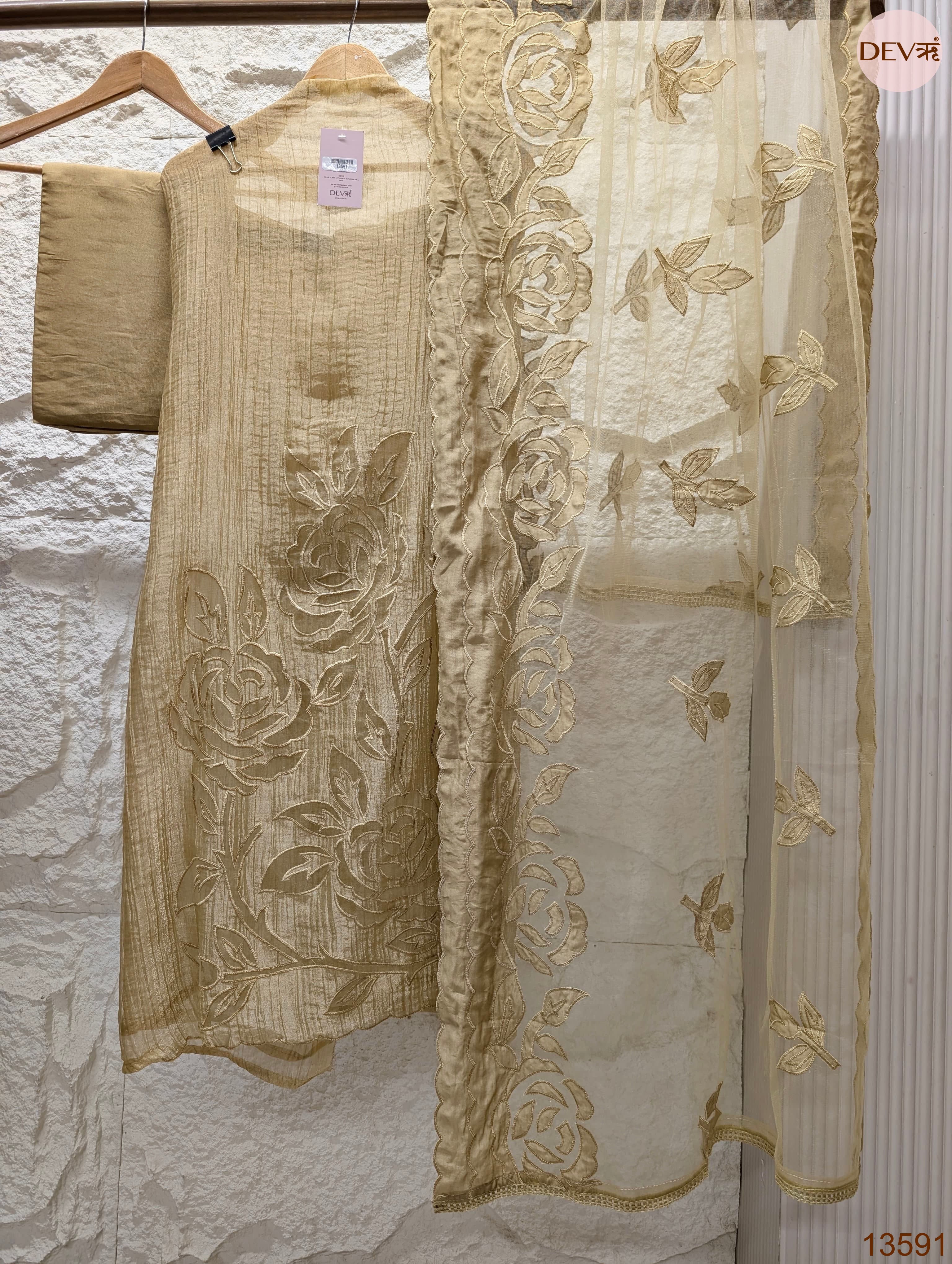 Beige Tissue Crush Silk Embroidered Unstitched 3-Piece Suit (Devri – D.No 13591)
