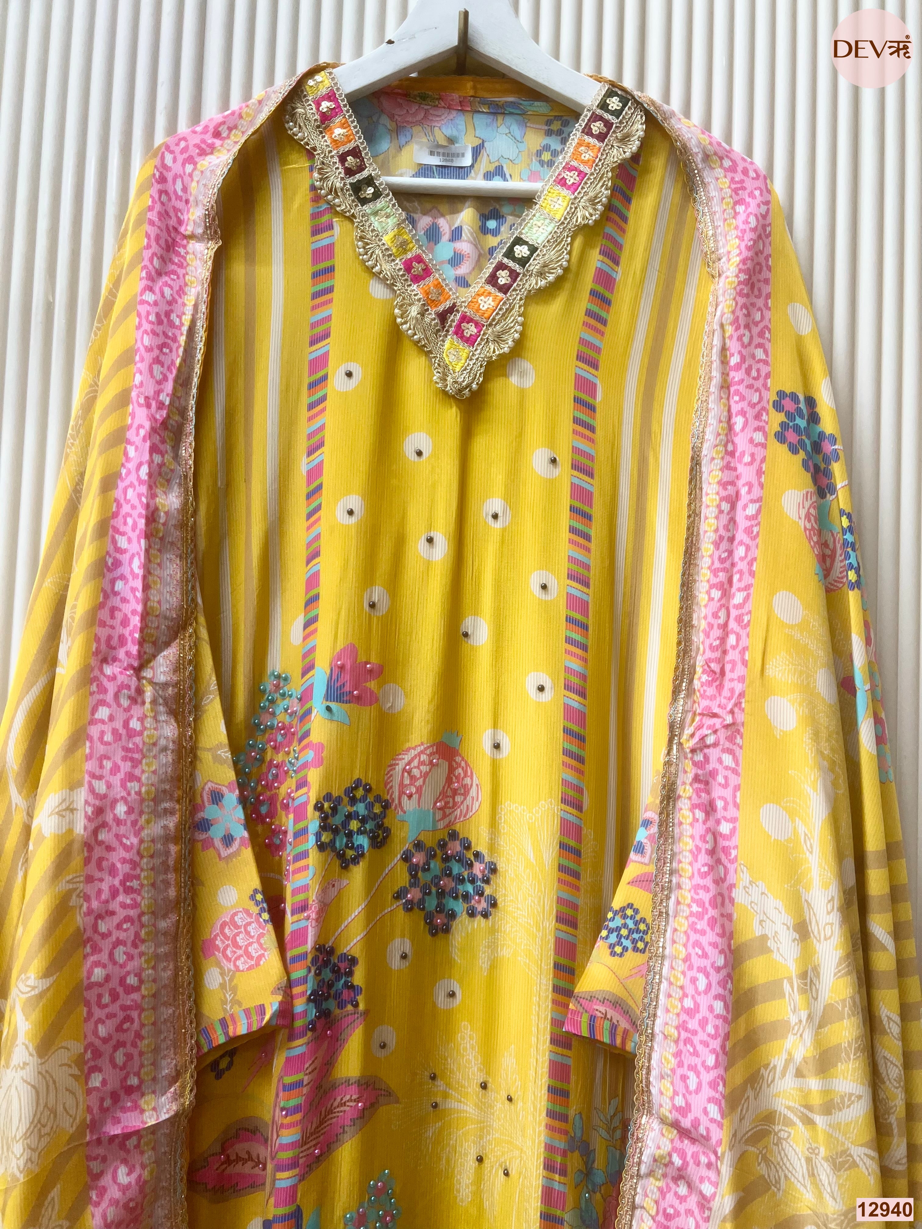 Yellow Natural Crape Printed Unstitched 3-Piece Suit (Devri – D.No 12940)
