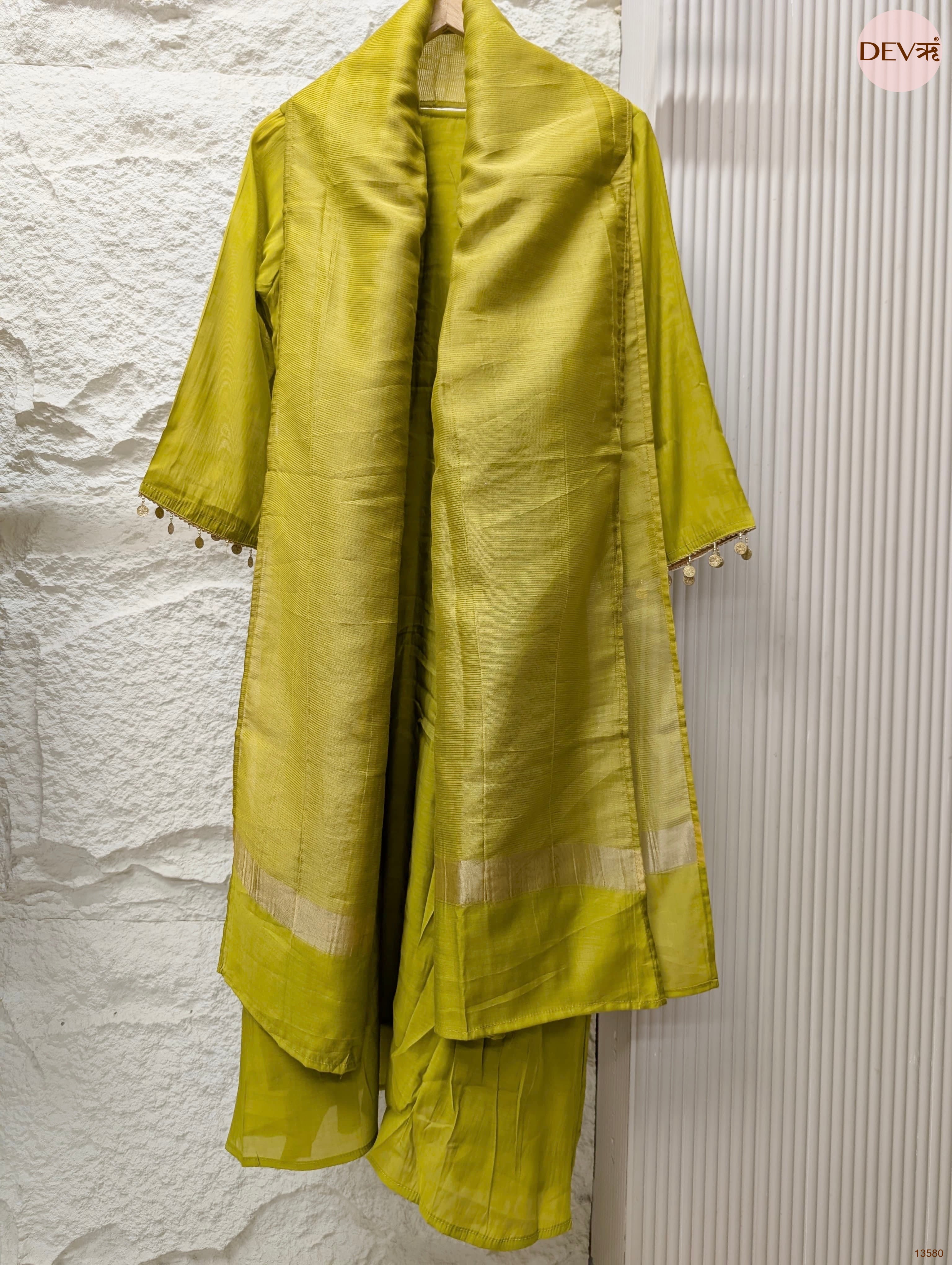 Gulnaar Mul Chanderi Embroidered Lime Green 3-Piece Set (Devri – D.No 13580)
