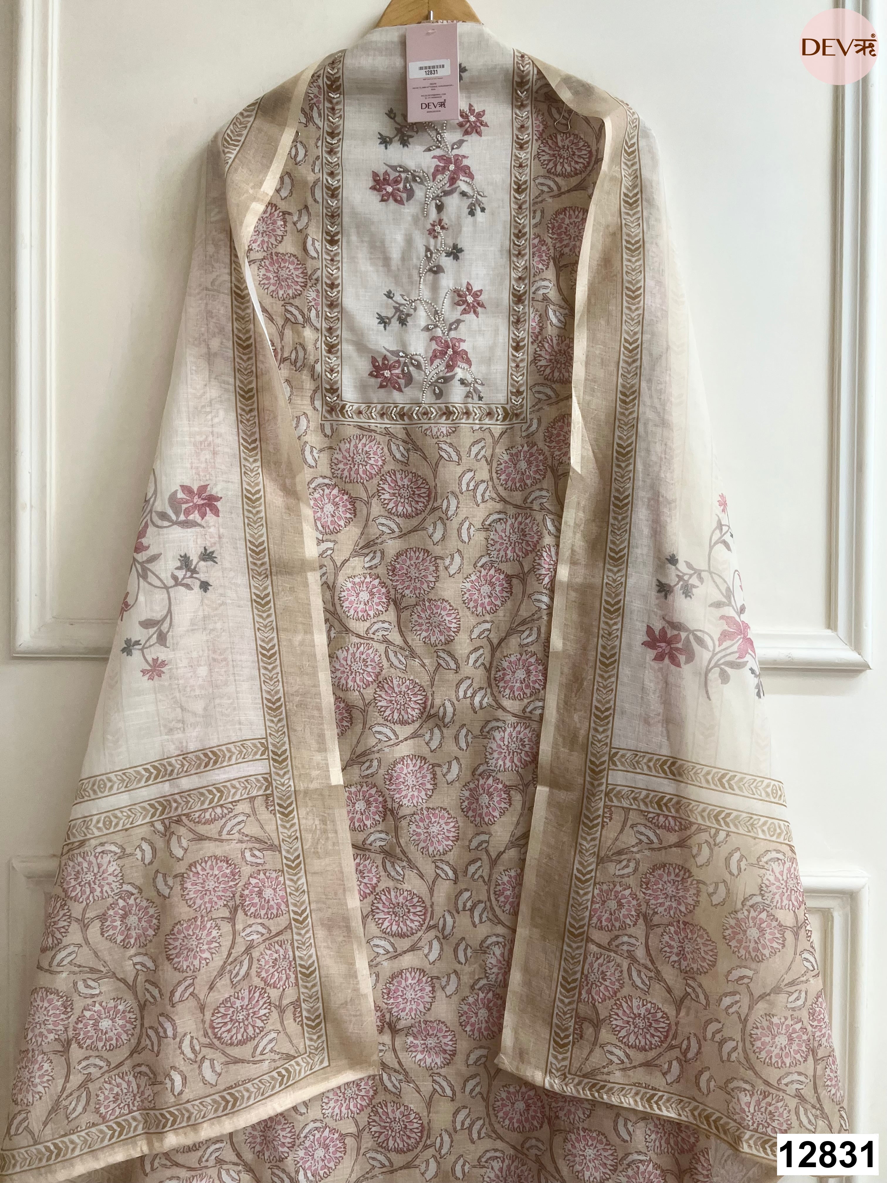 Beige Linen Cotton Printed Unstitched 3-Piece Suit (Devri – D.No 12831)