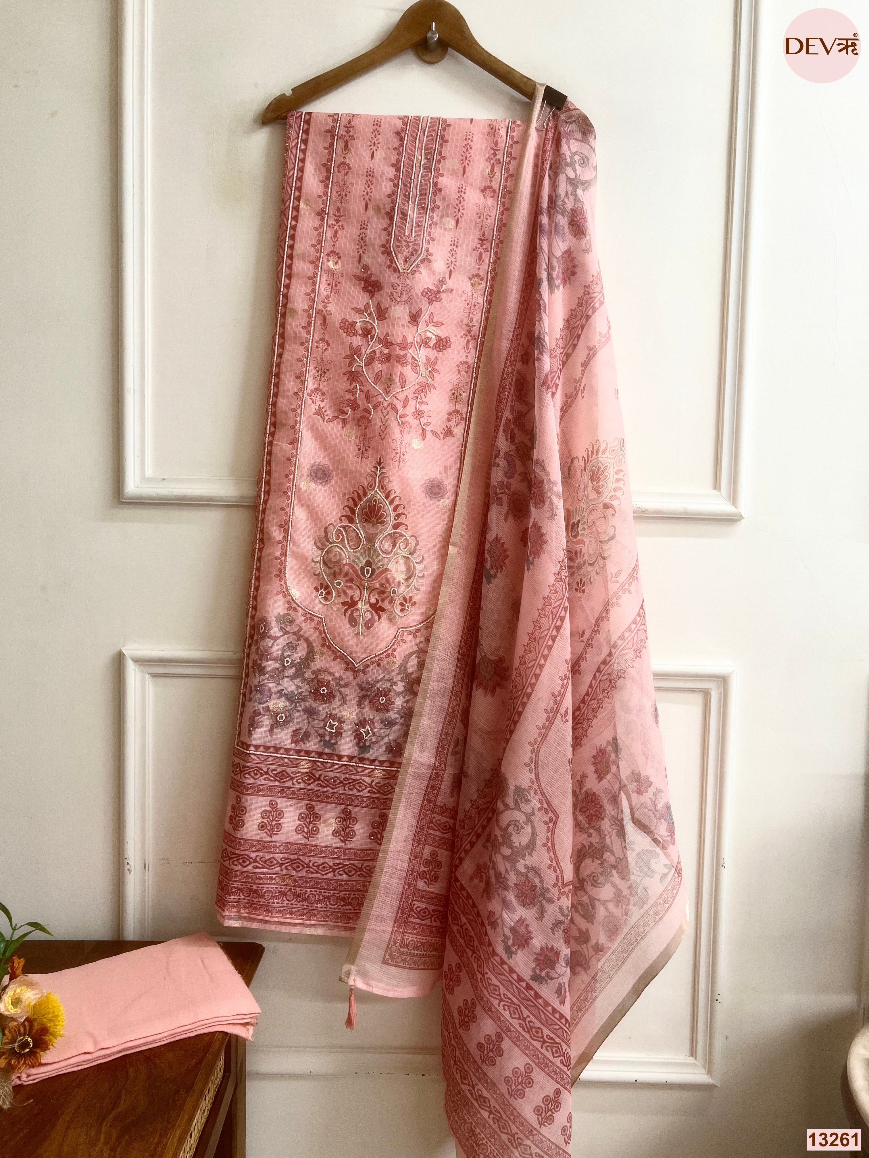 Pink Kota Printed Unstitched 3-Piece Suit (Devri – D.No 13261)