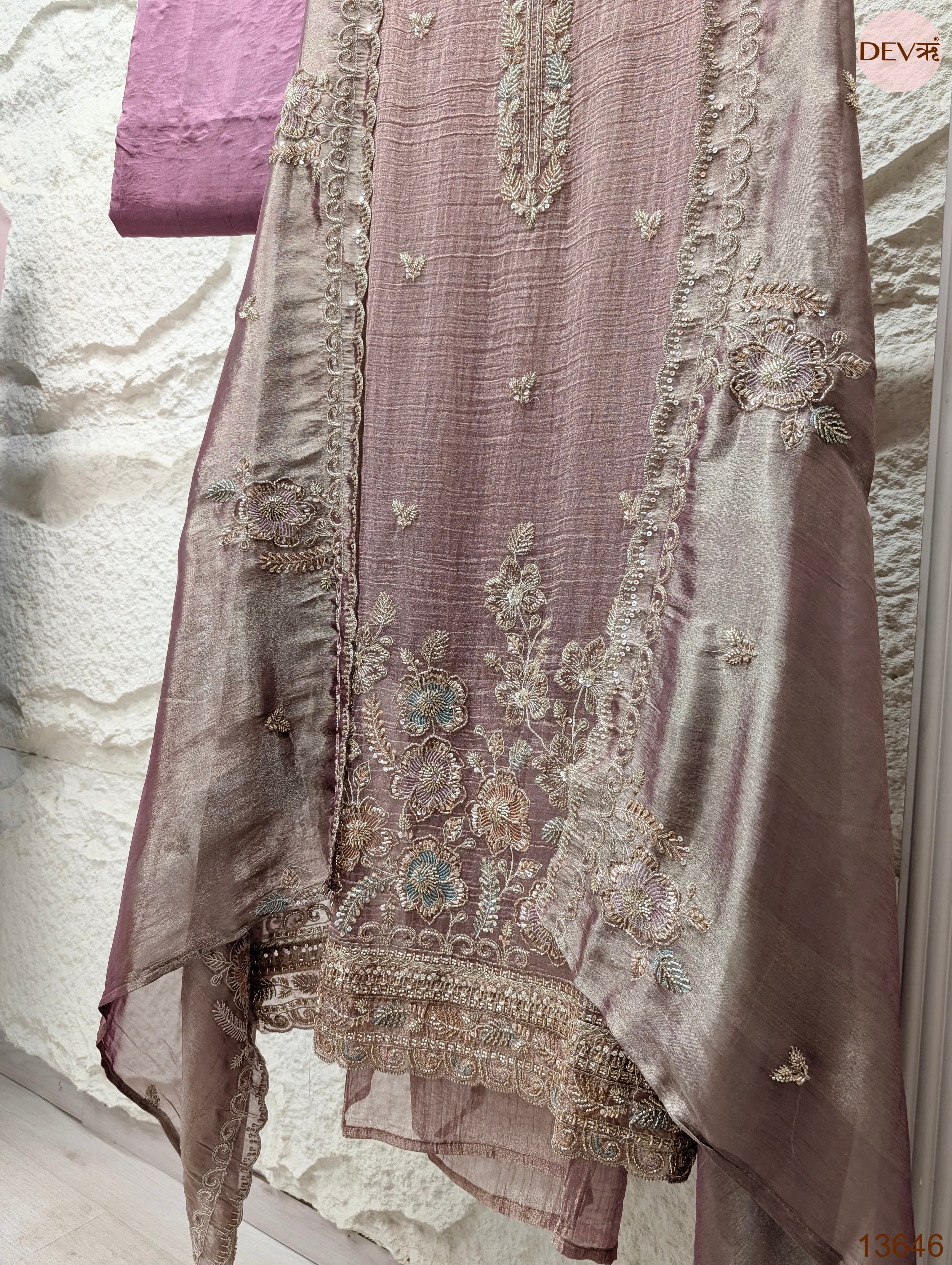 Mauve Tissue Crush Silk Embroidered Unstitched 3-Piece Suit (Devri – D.No 13646)
