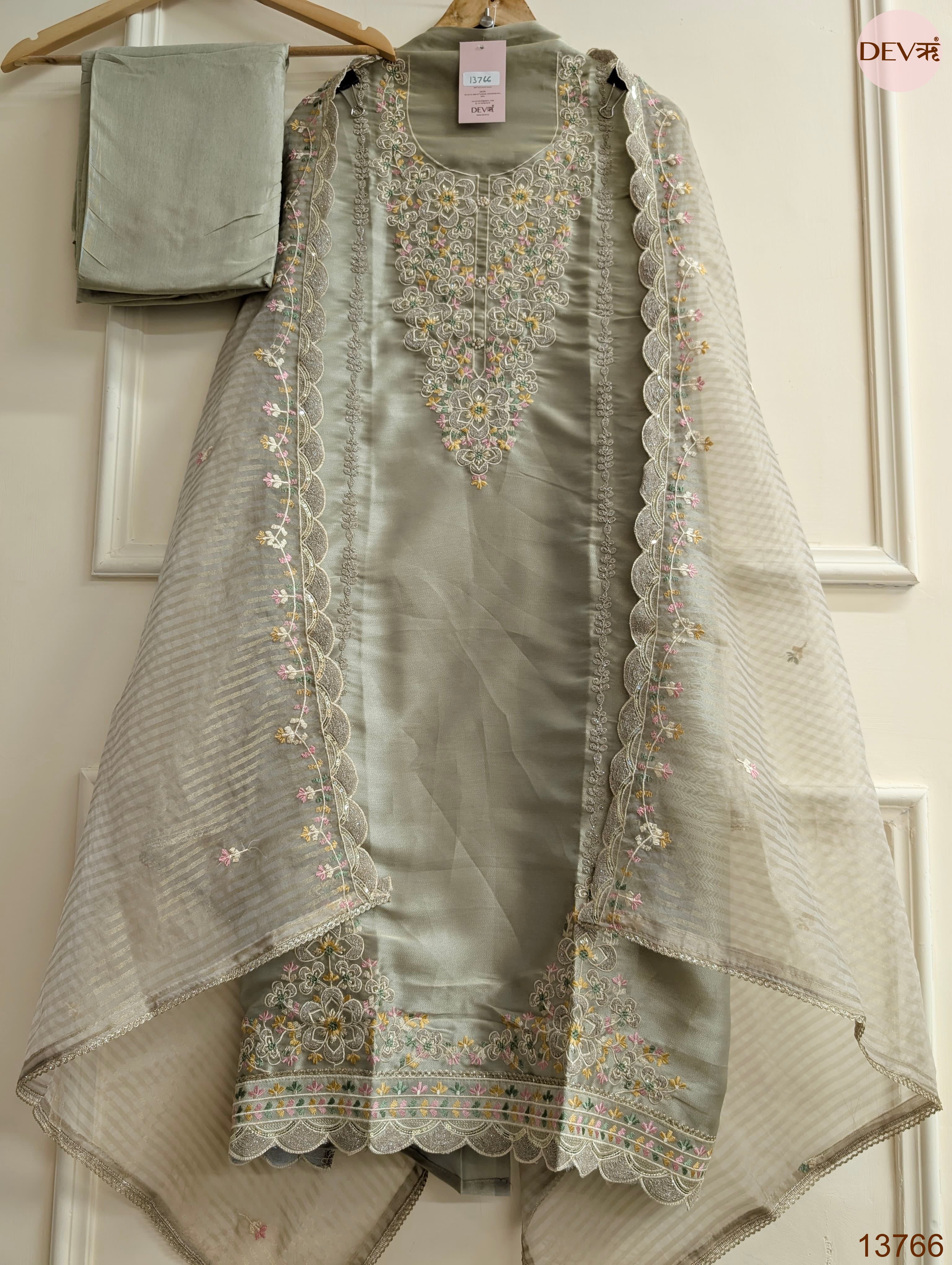 Grey Tissue Silk Embroidered Unstitched 3-Piece Suit (Devri – D.No 13766)