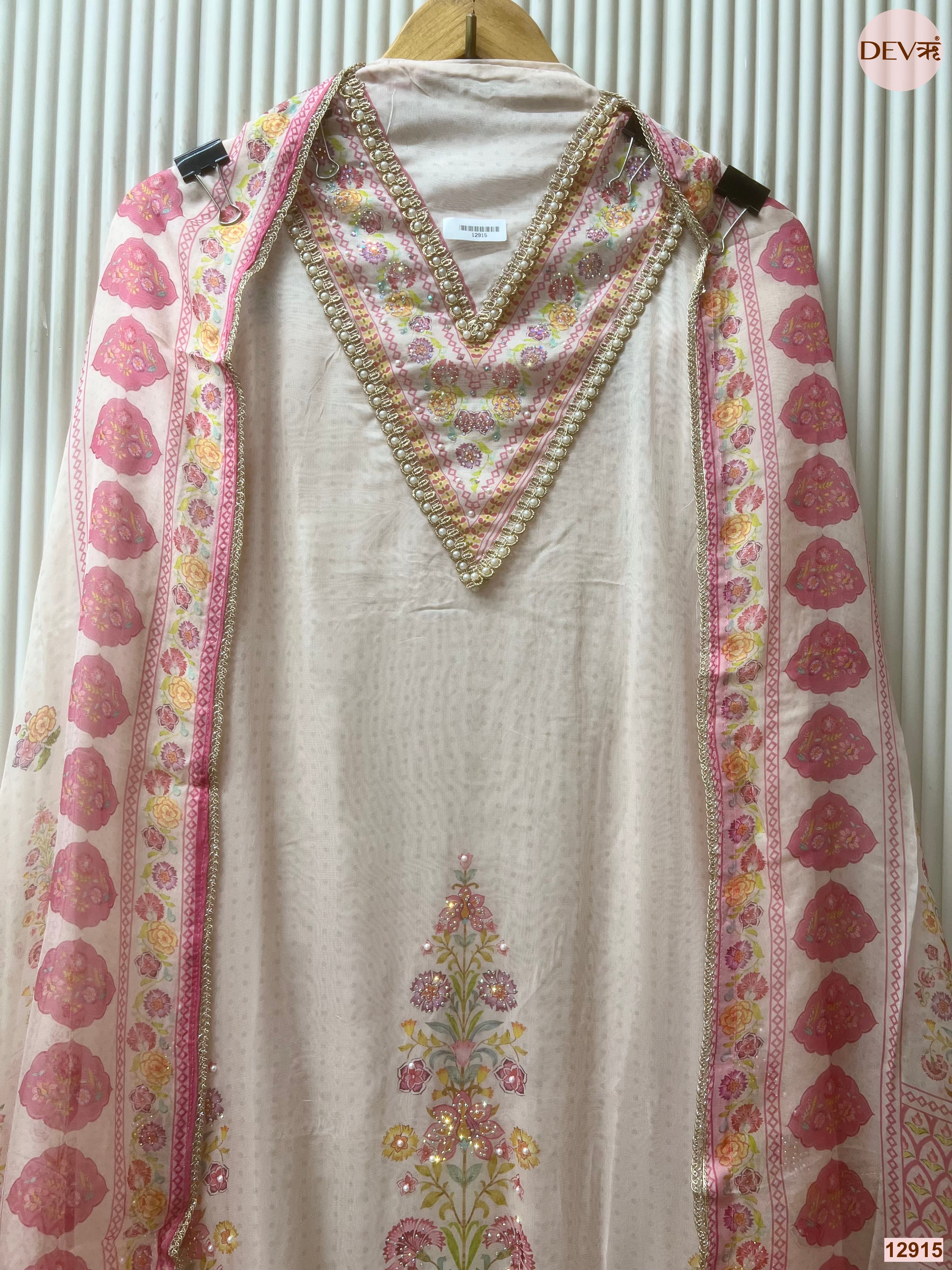 Pink Organza Printed Unstitched 3-Piece Suit (Devri – D.No 12915)