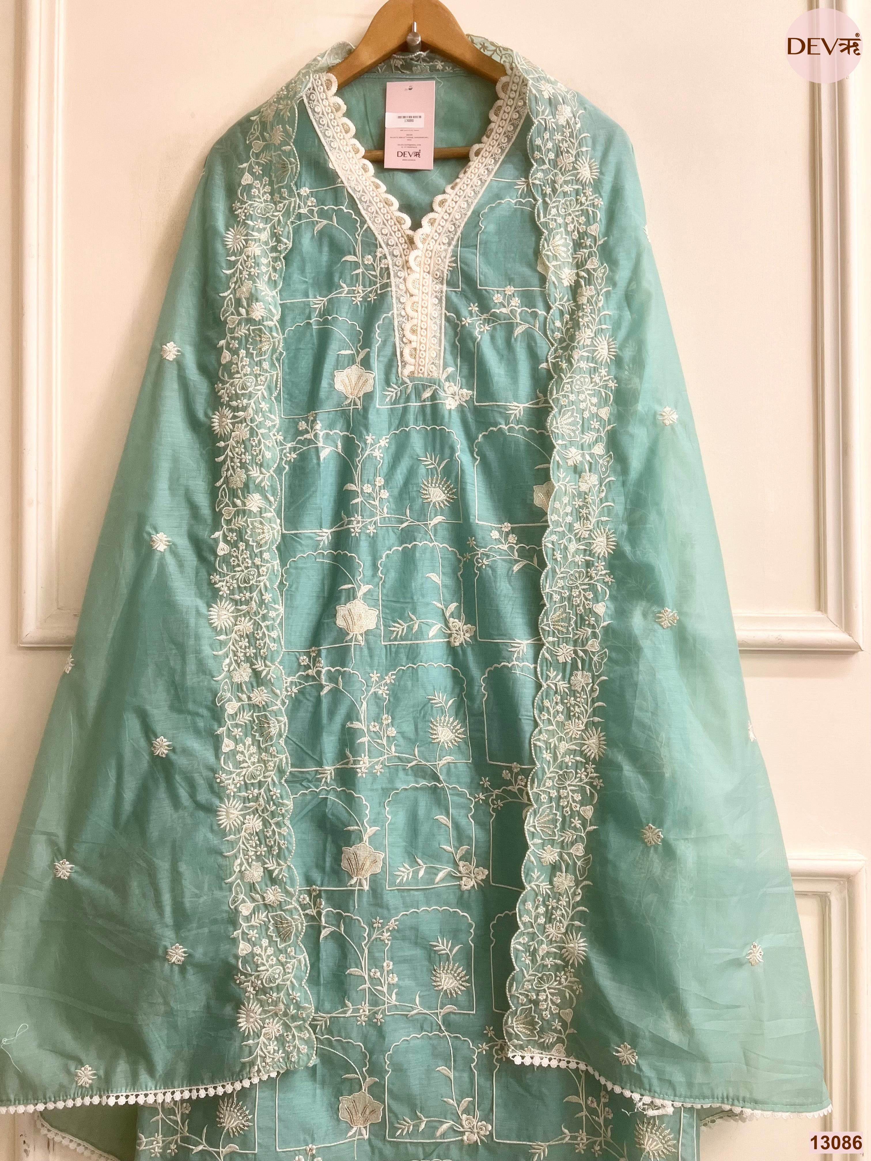 Aqua Mul Chanderi Embroidered Unstitched 3-Piece Suit (Devri – D.No 13086)