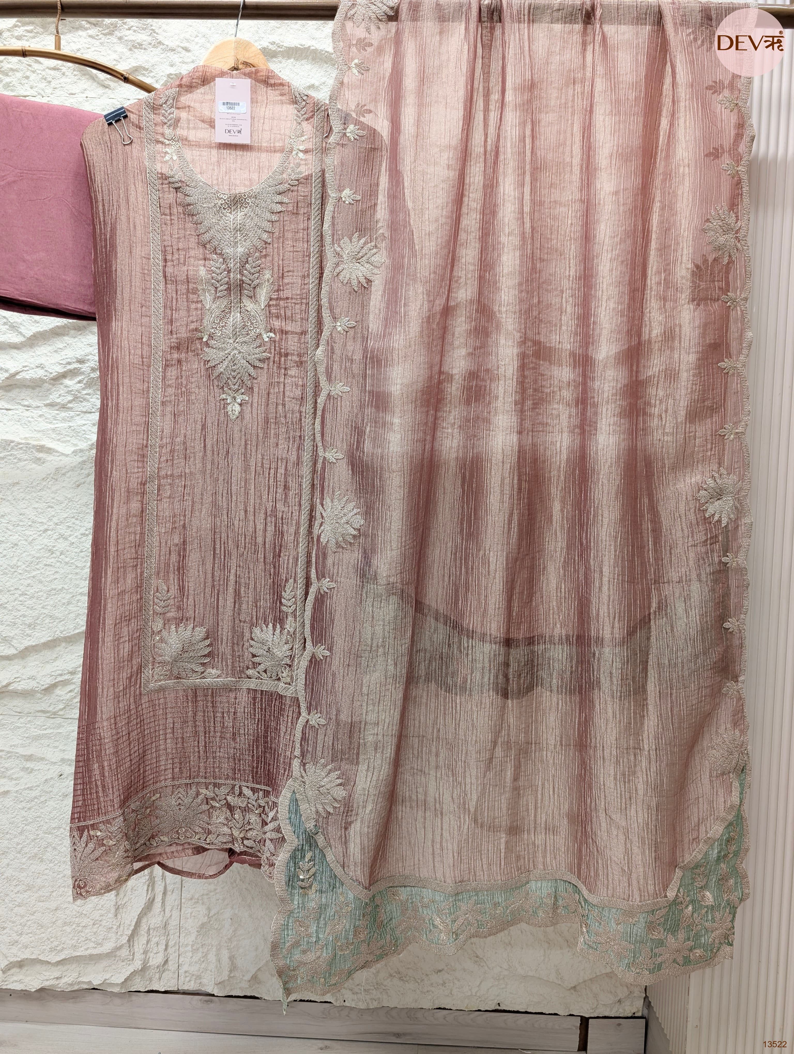 Pink Tissue Crush Silk Embroidered Unstitched 3-Piece Suit (Devri – D.No 13522)