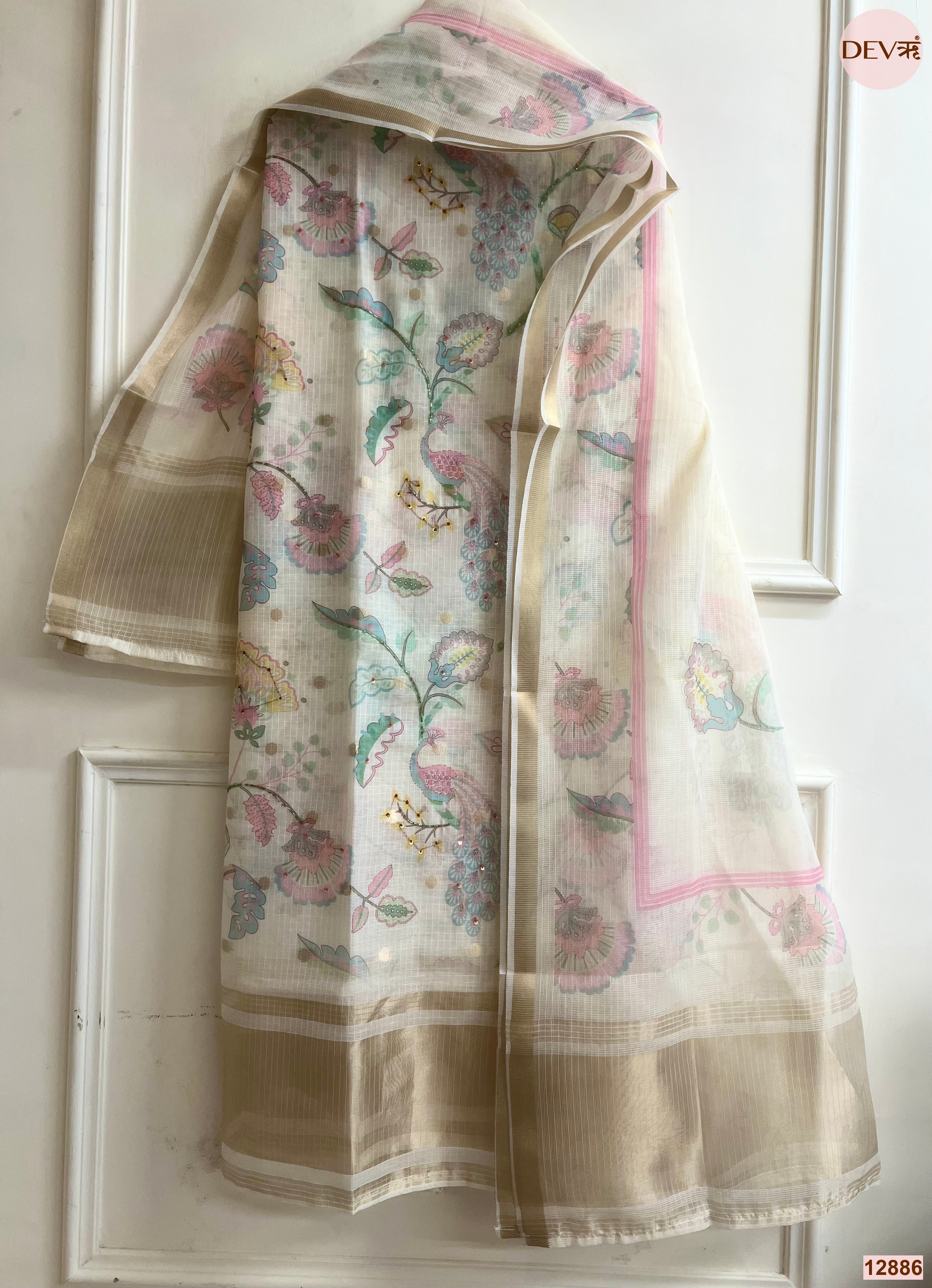 Cream Kota Printed Unstitched 3-Piece Suit (Devri – D.No 12886)