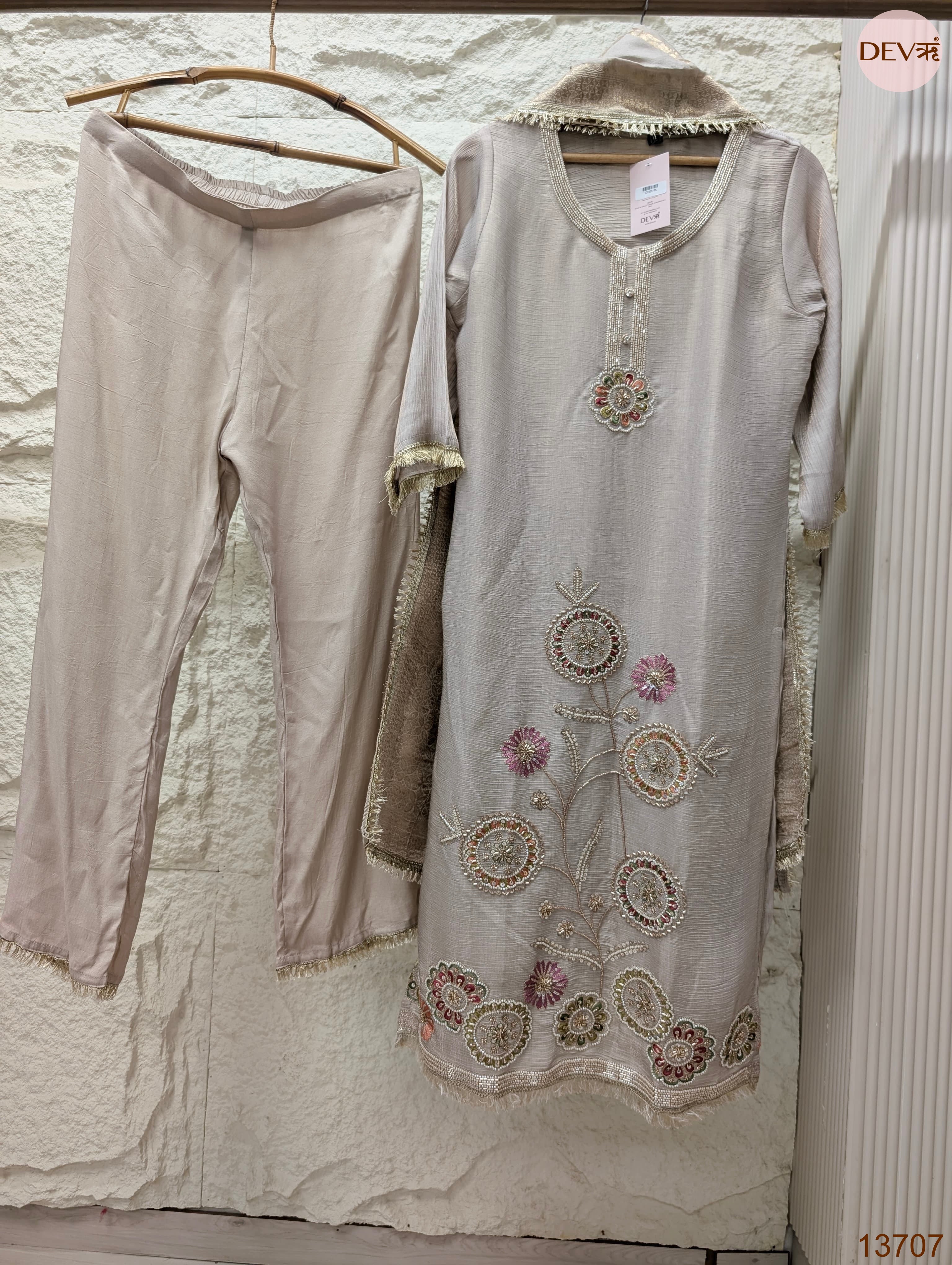 Gulnaar Tissue silk blend Embroidered Beige 3-Piece Set (Devri – D.No 13707)