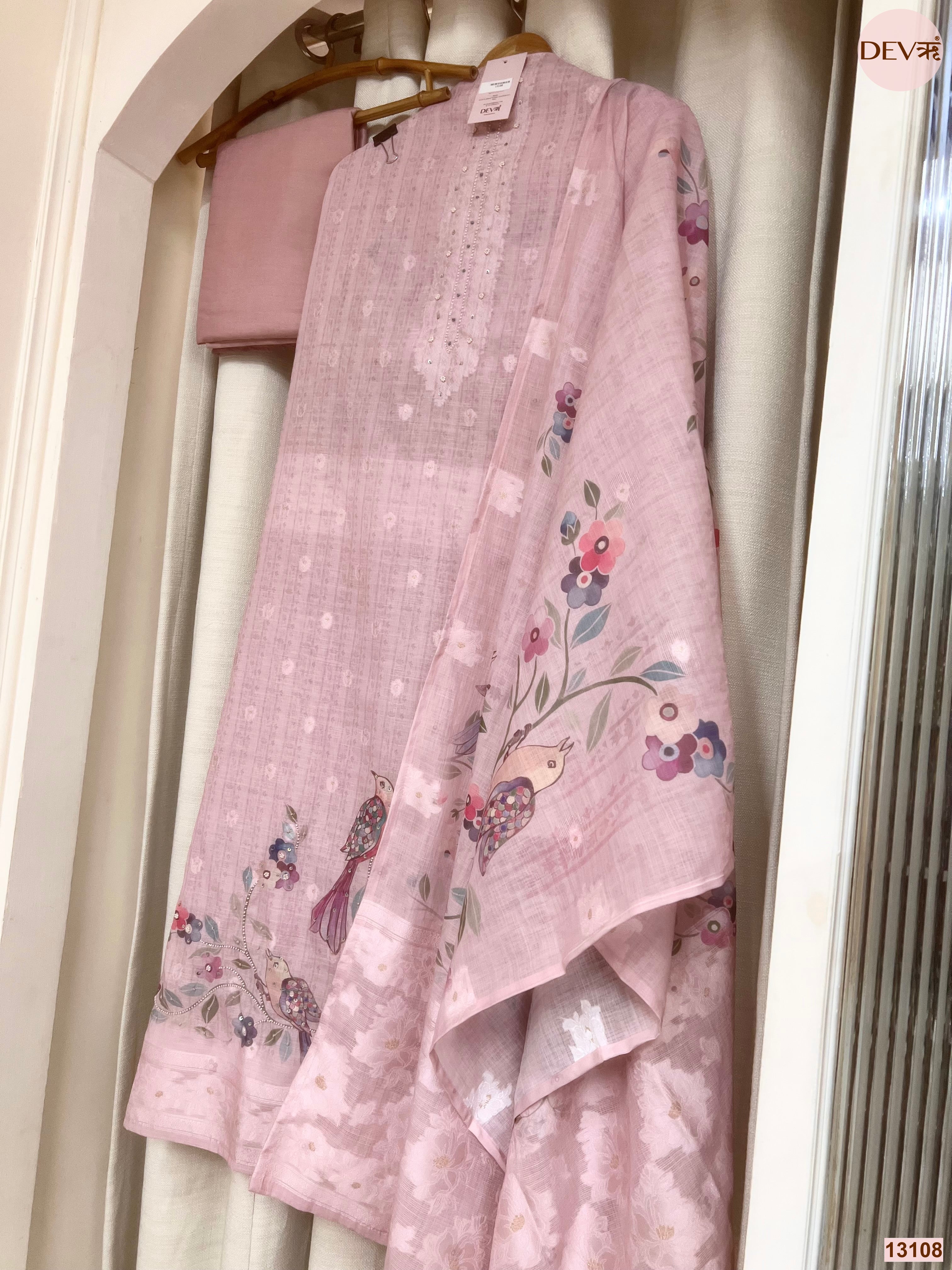 Pink Linen Cotton Printed Unstitched 3-Piece Suit (Devri – D.No 13108)