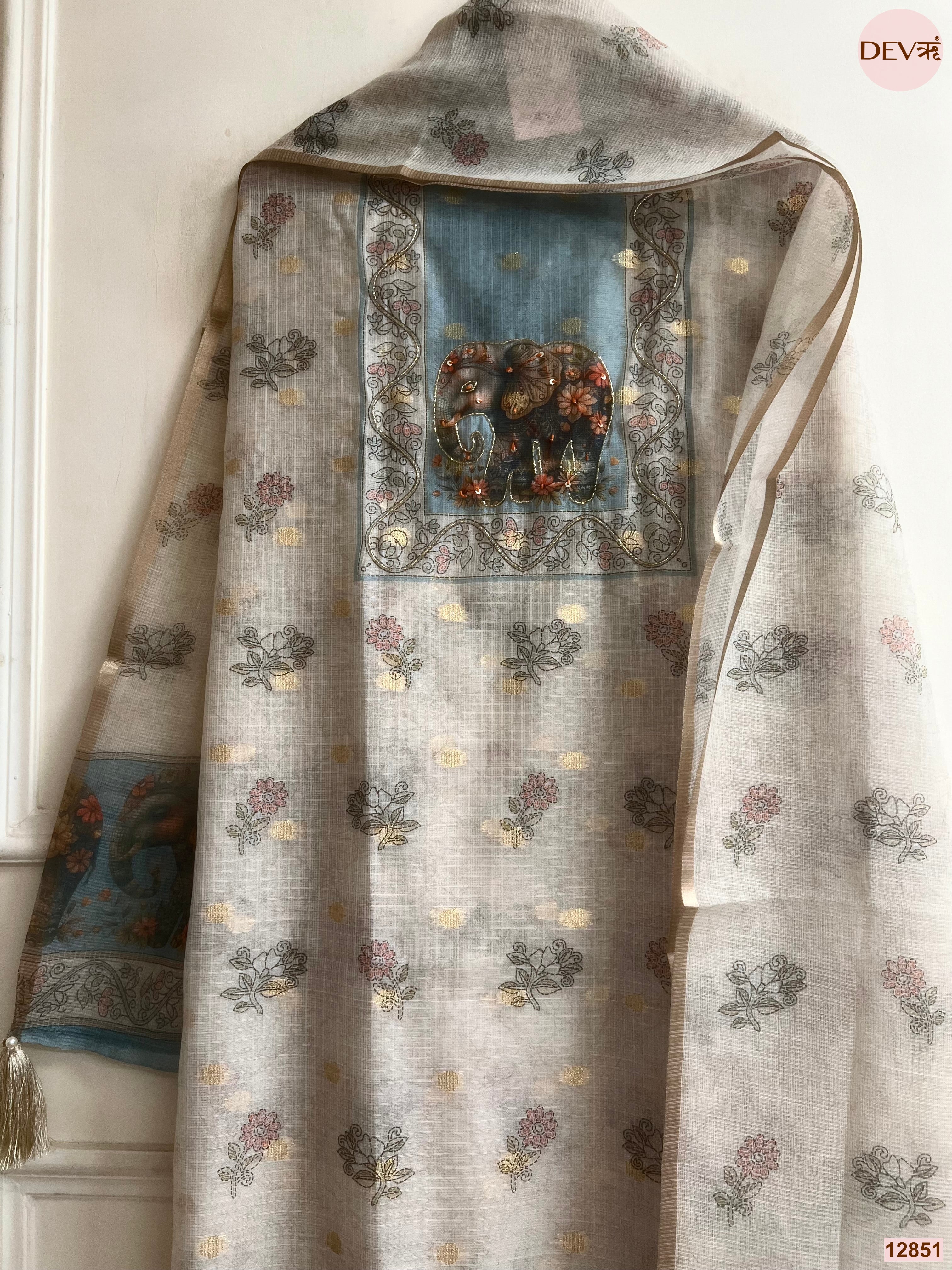 Blue Linen Cotton Printed Unstitched 3-Piece Suit (Devri – D.No 12851)