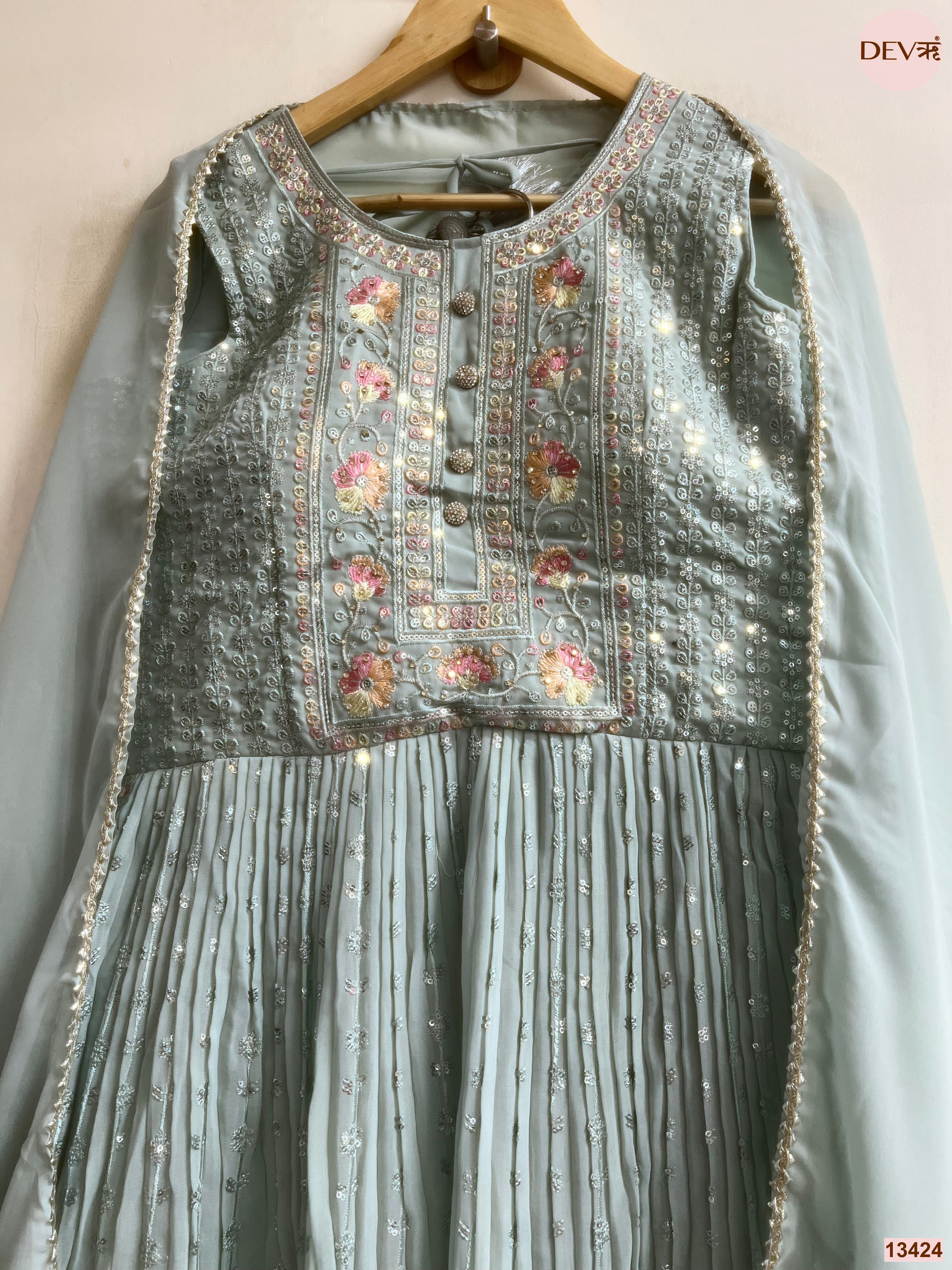 Gulnaar Georgete Embroidered Sea Green 3-Piece Set (Devri – D.No 13424)