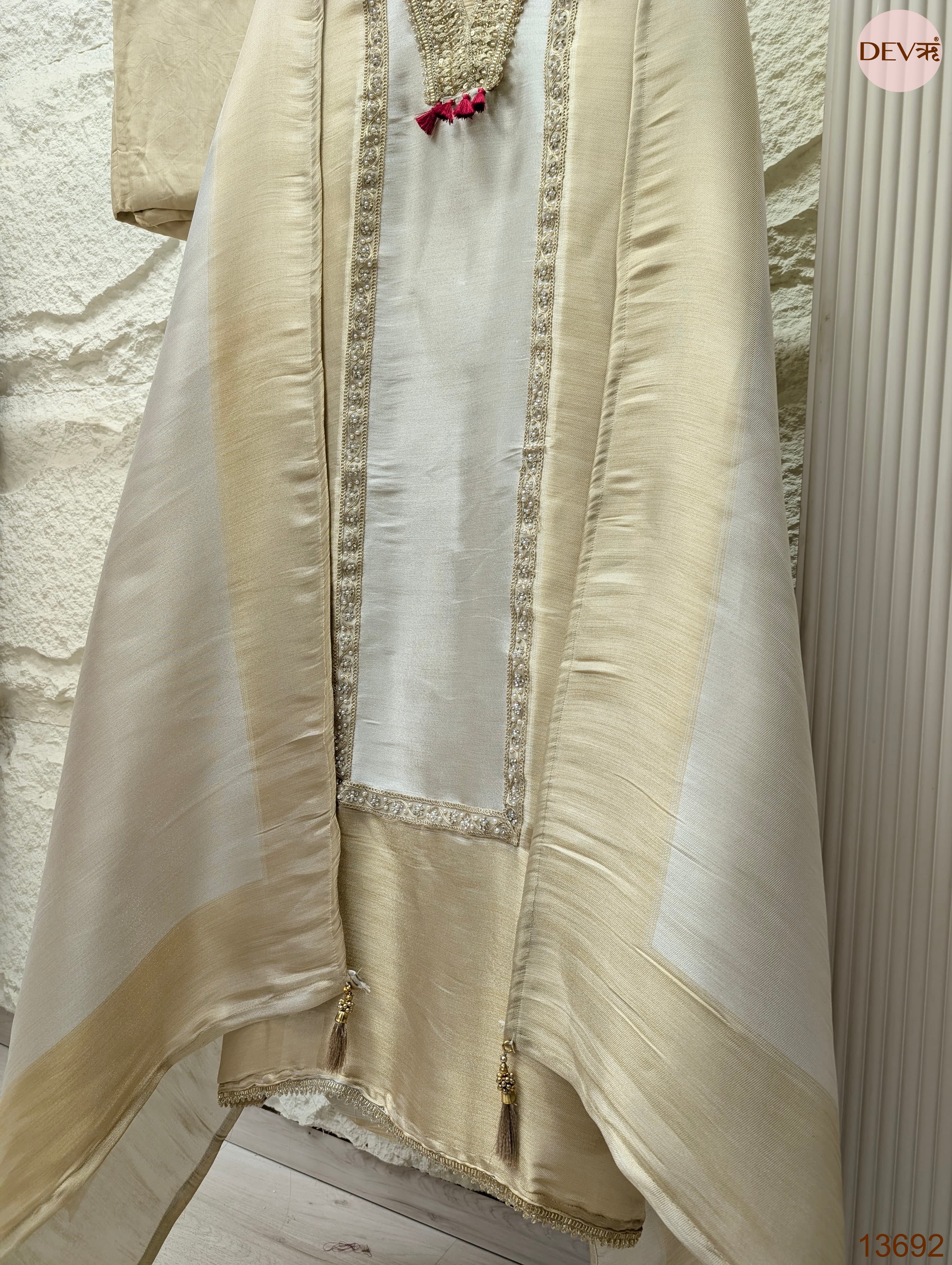 Cream Tissue Slik Embroidered Unstitched 3-Piece Suit (Devri – D.No 13692)