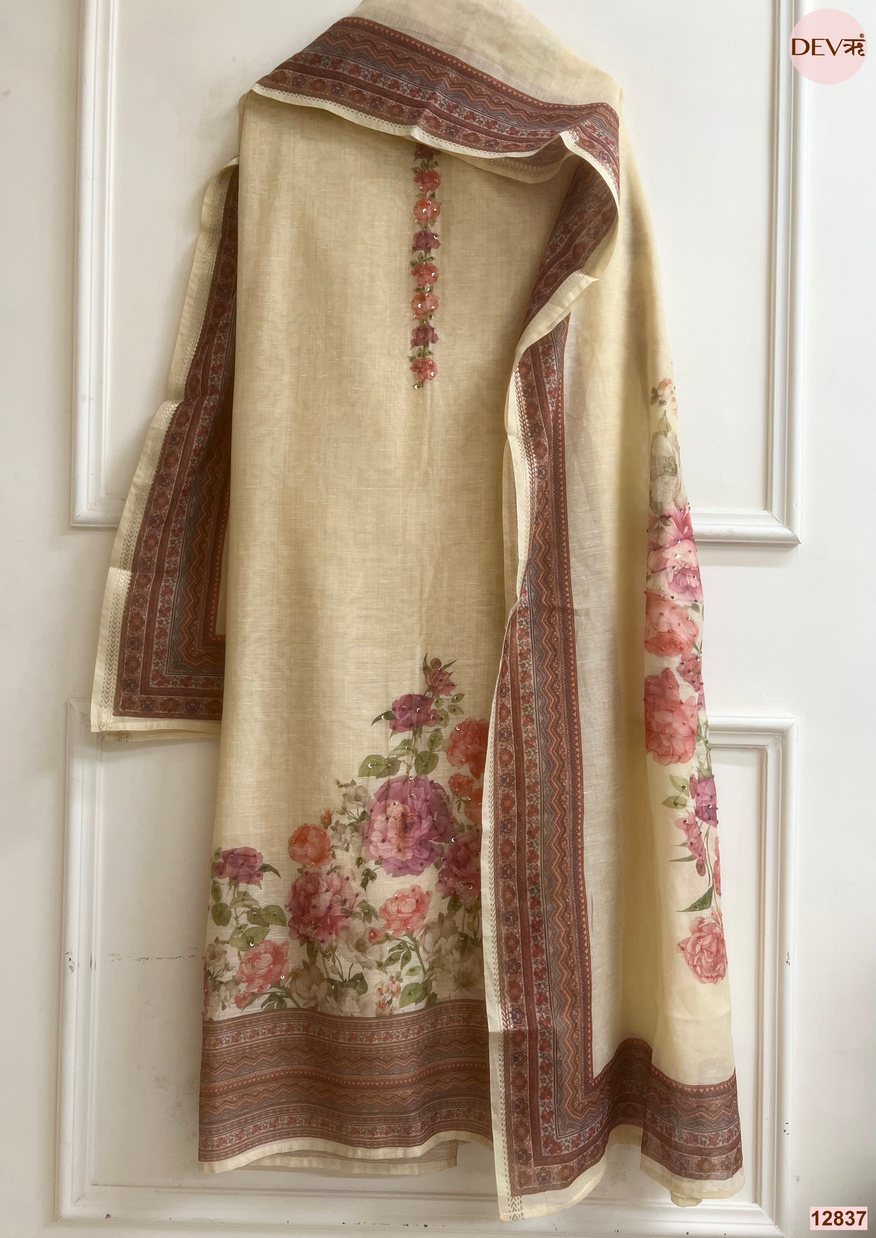 Cream Mul Chanderi Printed Unstitched 3-Piece Suit (Devri – D.No 12837)