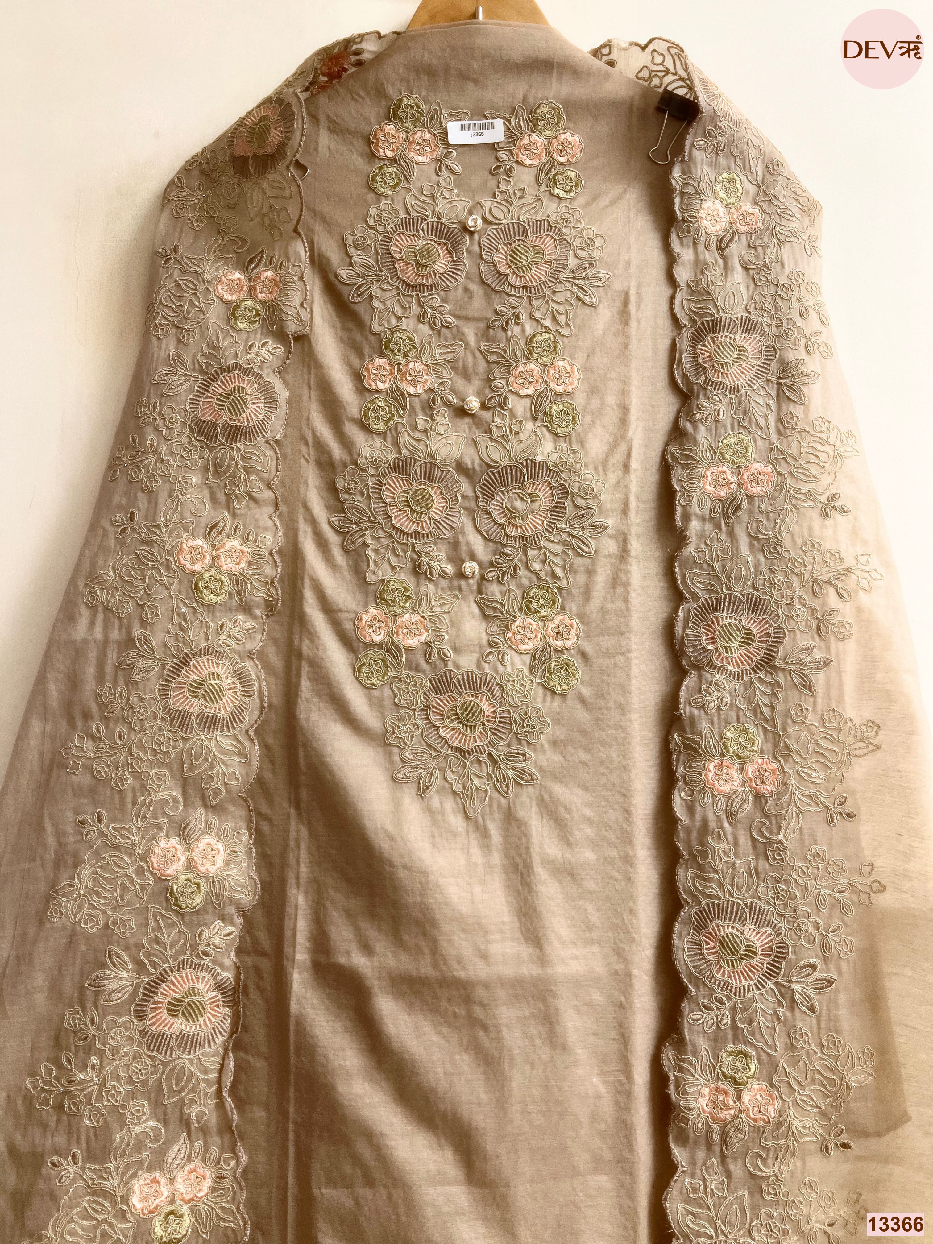 Beige Mul Chanderi Embroidered Unstitched 3-Piece Suit (Devri – D.No 13366)