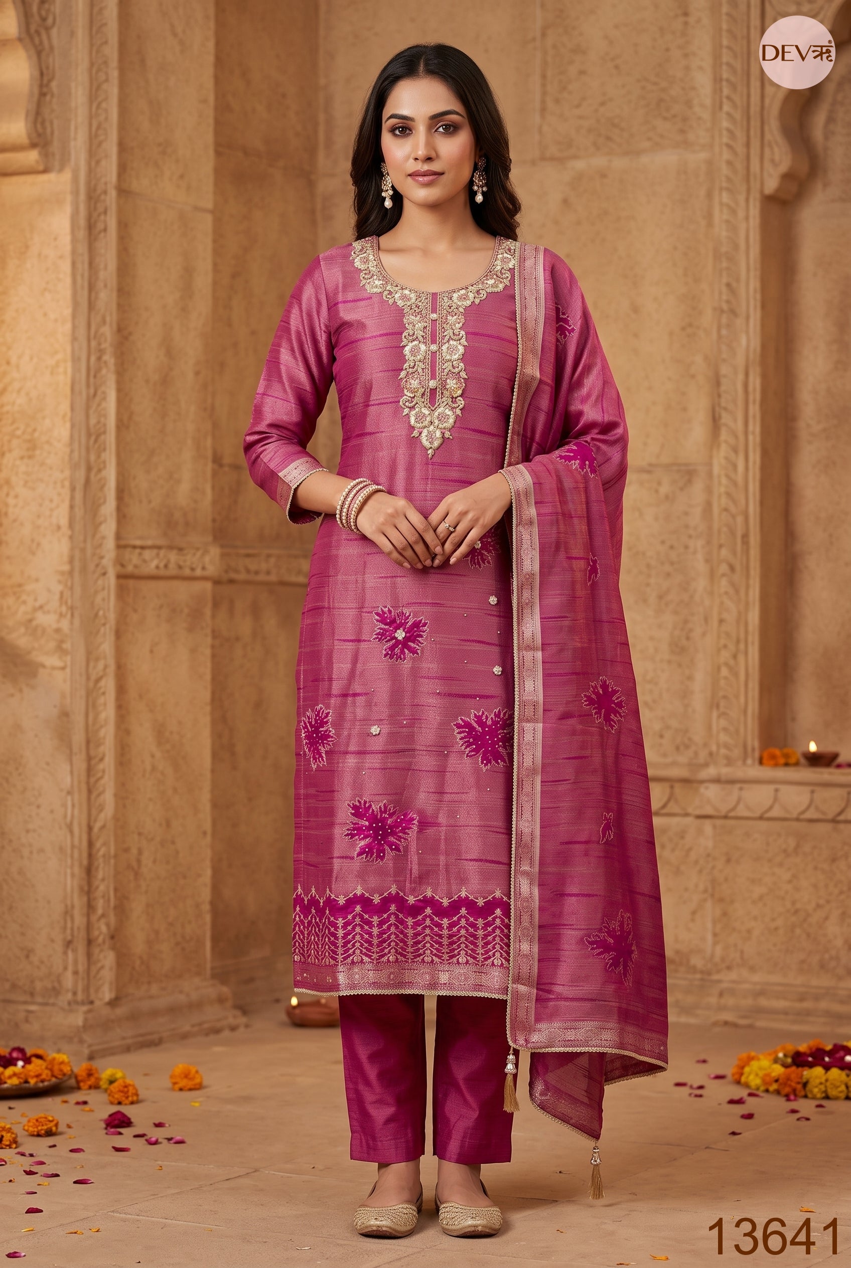 Pink Pure Giraffe Banarasi Silk Embroidered Unstitched 3-Piece Suit (Devri – D.No 13641)