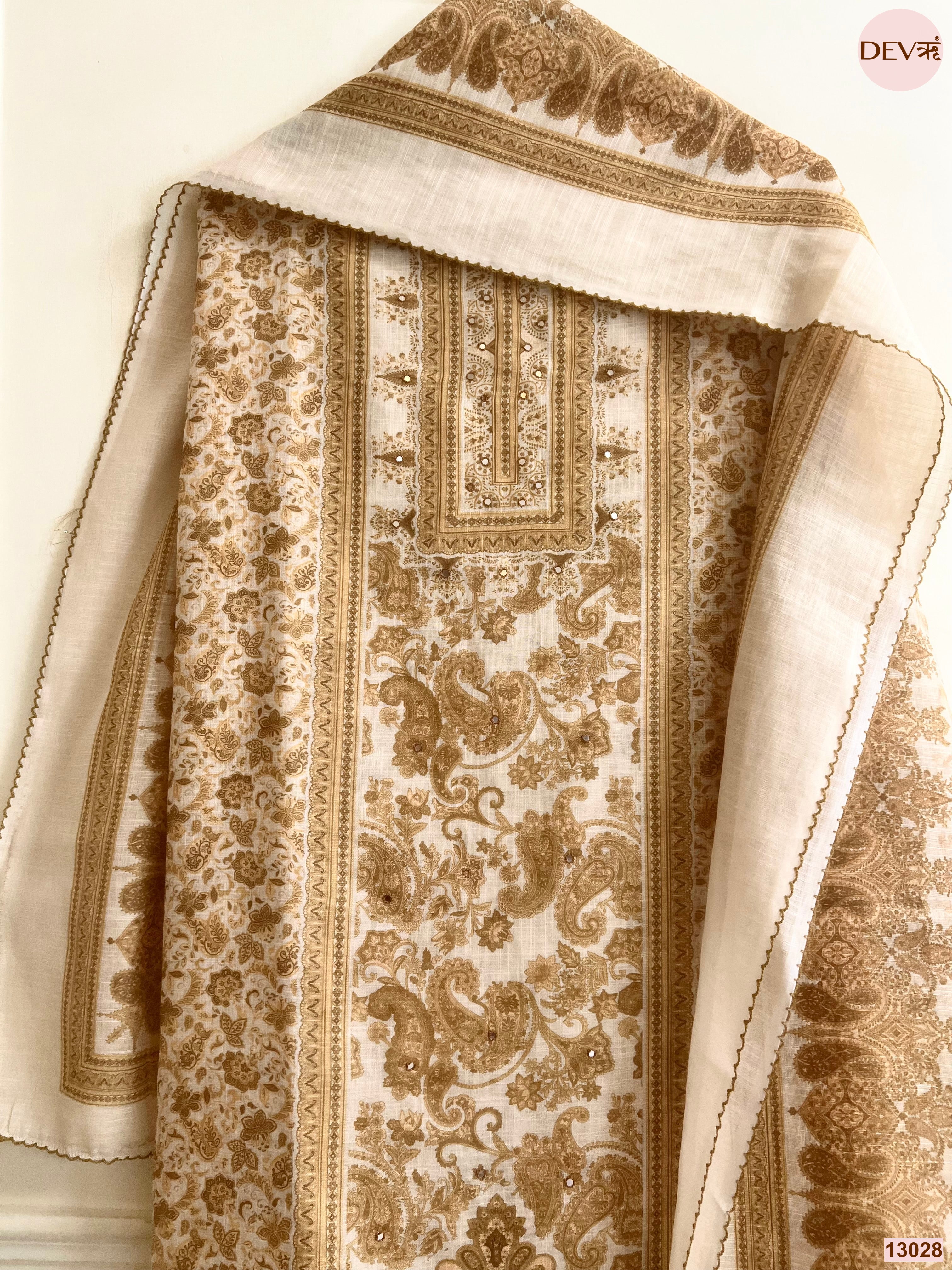 Cream Linen Printed Unstitched 3-Piece Suit (Devri – D.No 13028)
