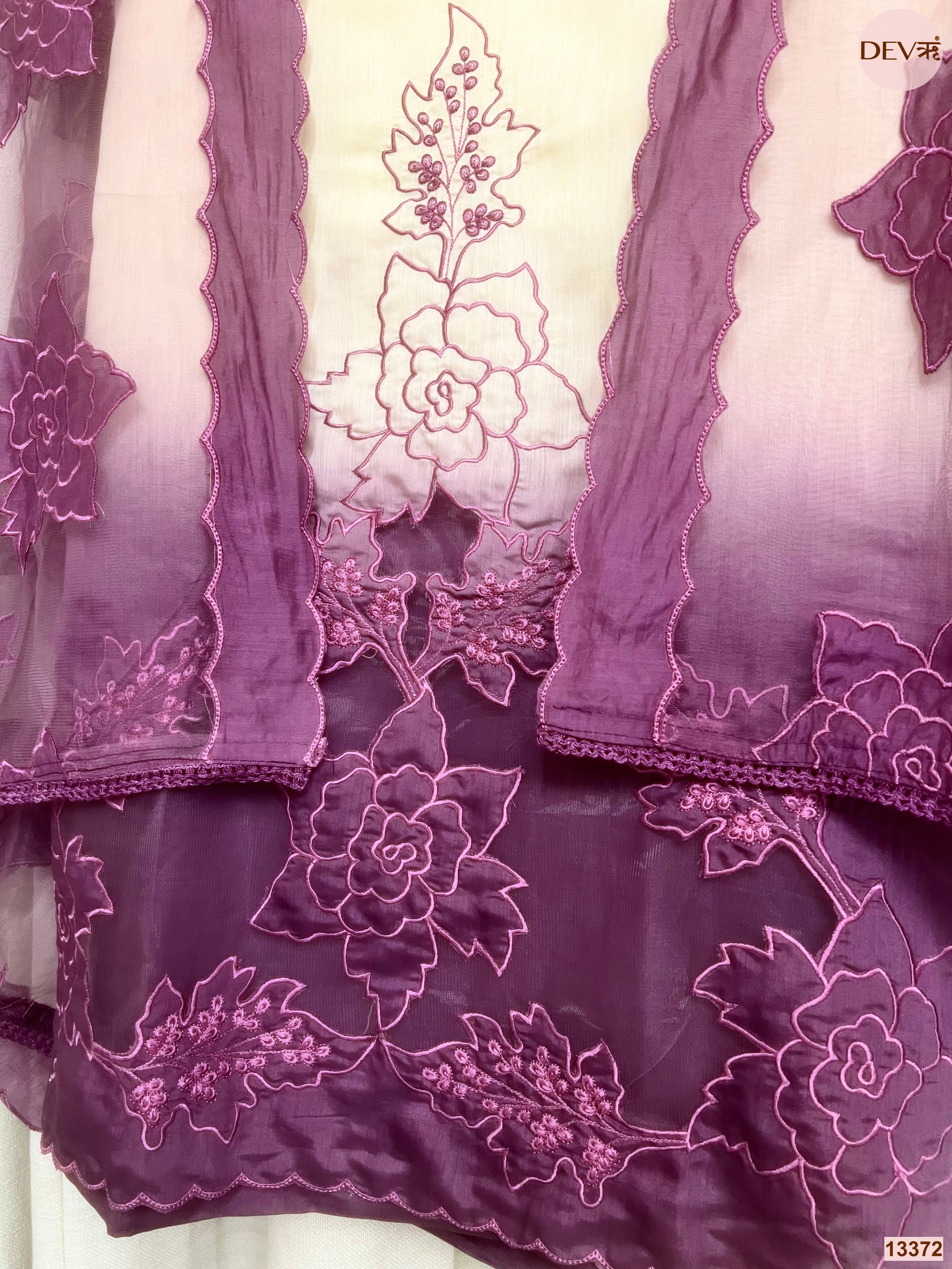 Purple Mul Chanderi Embroidered Unstitched 3-Piece Suit (Devri – D.No 13372)