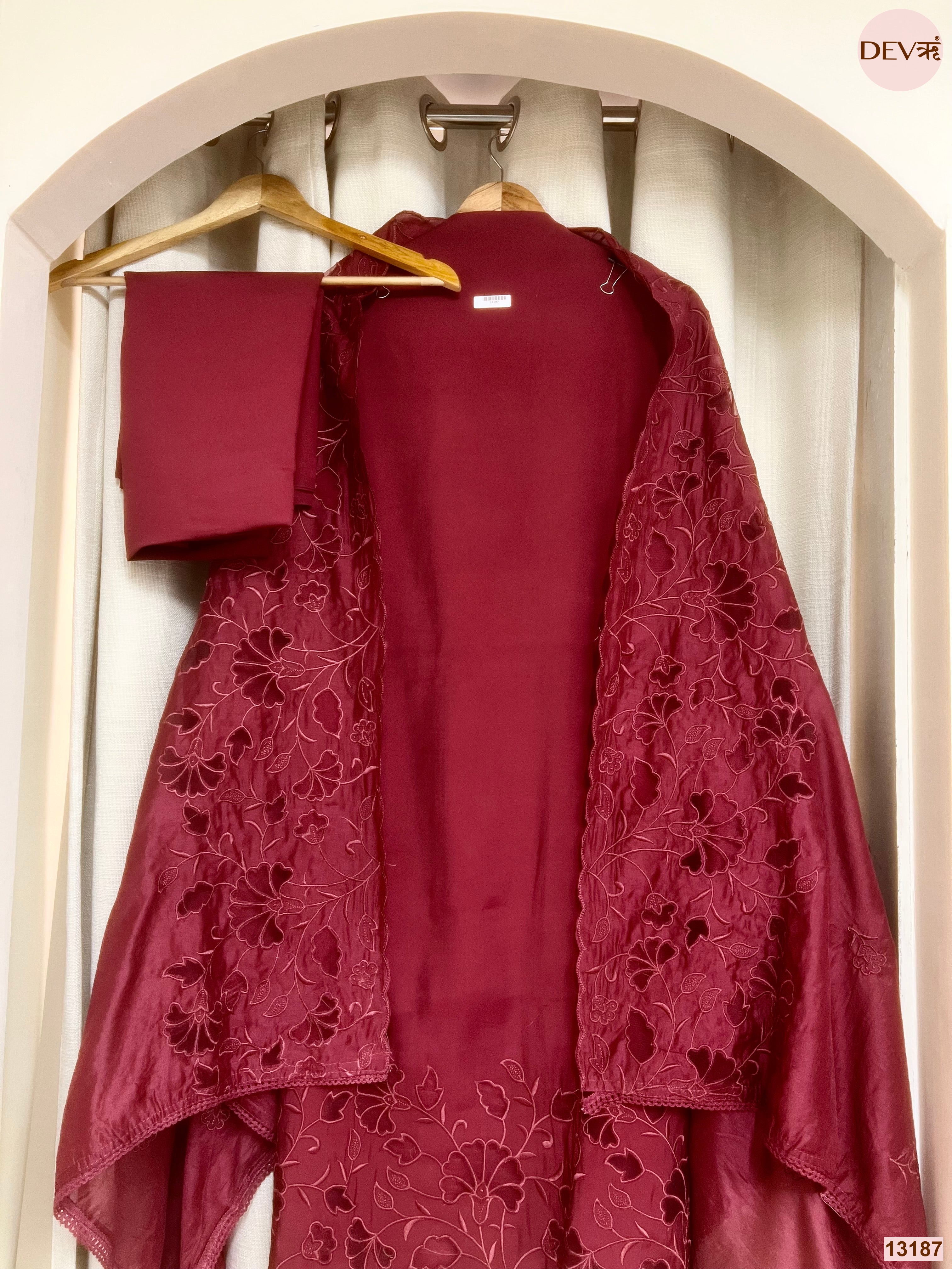 Maroon Roman Silk Embroidered Unstitched 3-Piece Suit (Devri – D.No 13187)
