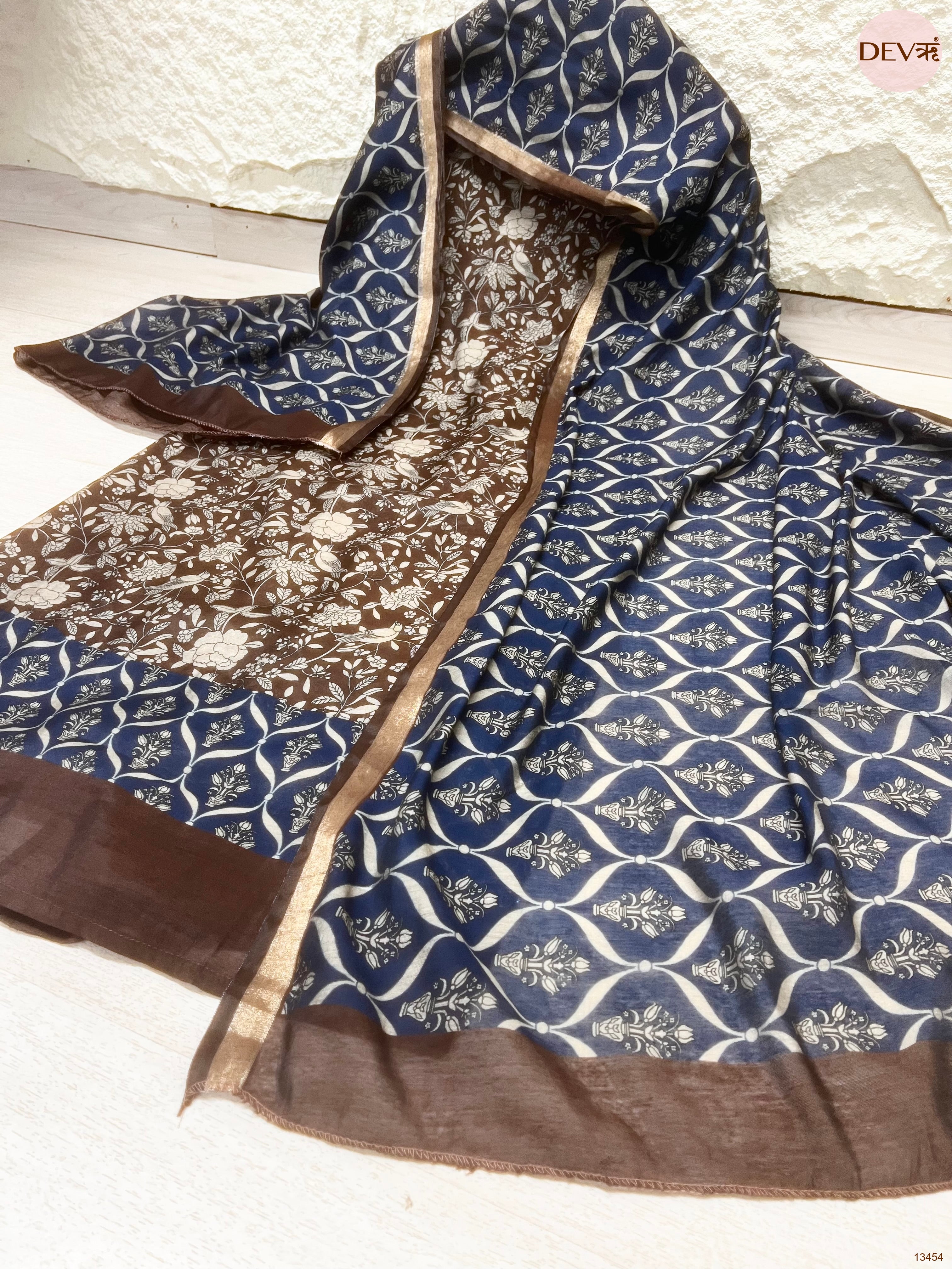 Brown Maheshwari Silk Printed Unstitched 3-Piece Suit (Devri – D.No 13454)