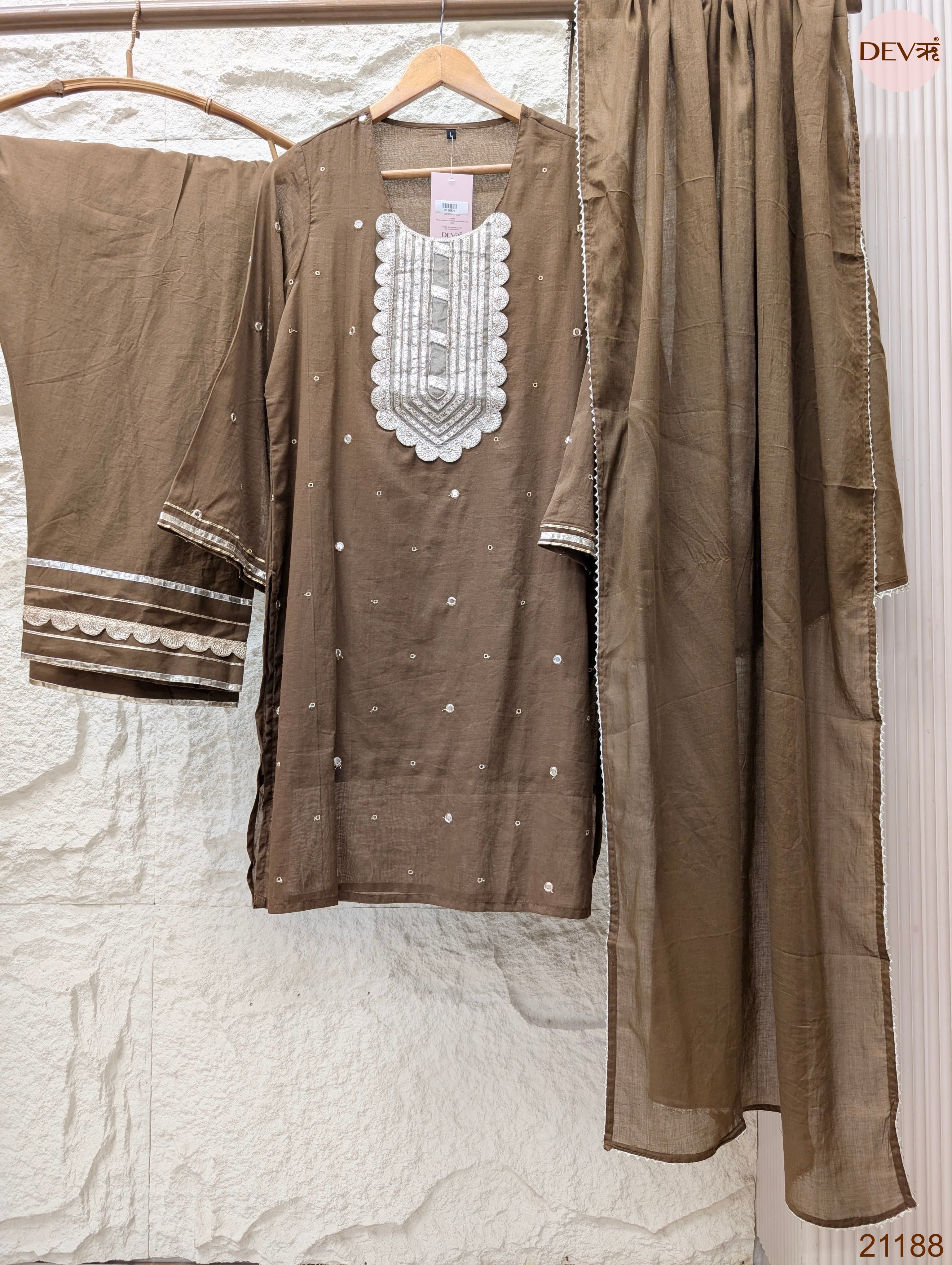 Zarmina Pure mul cotton Embroidered Brown 3-Piece Set (Devri – D.No 21188)