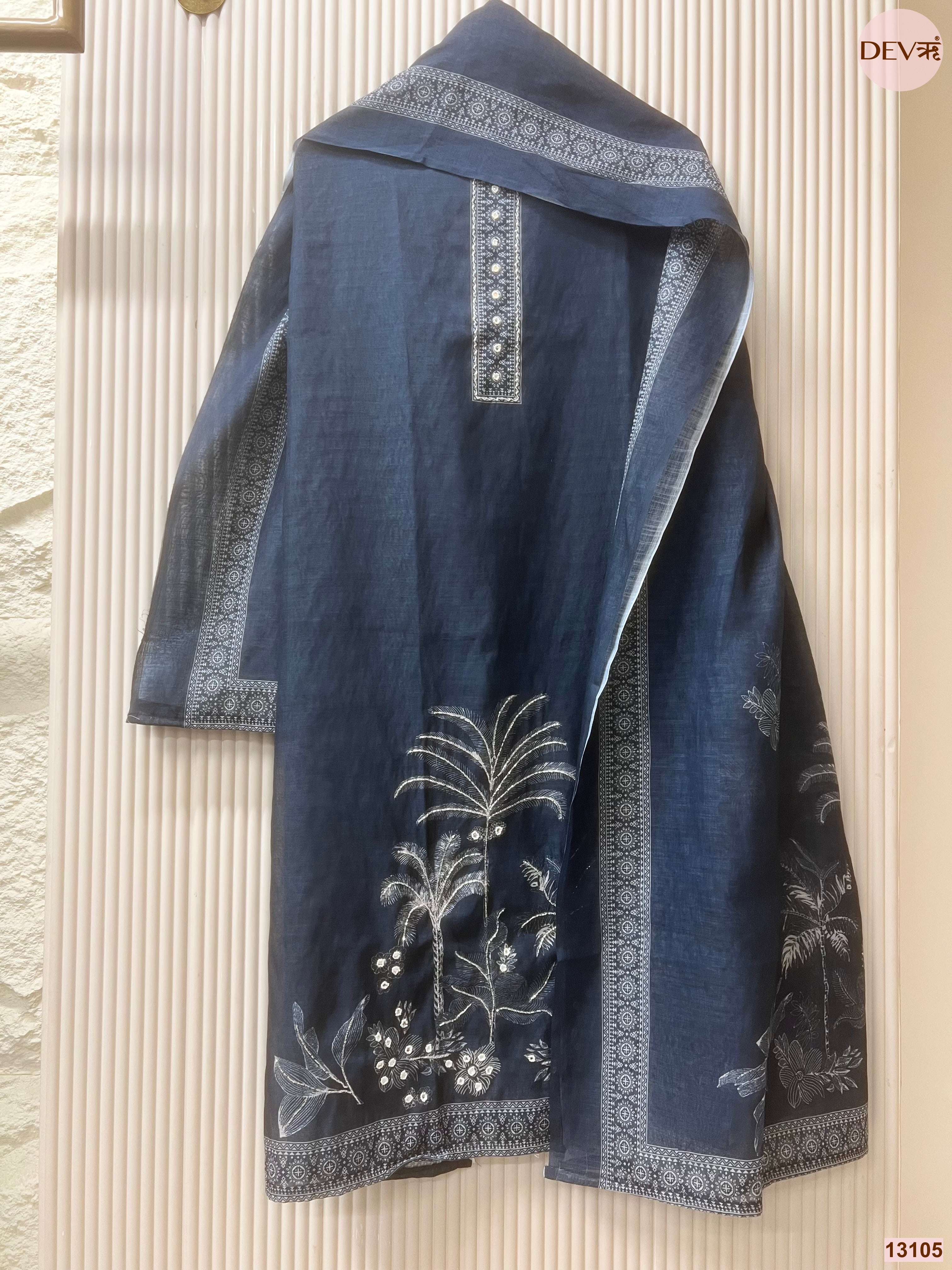 Navy Linen Cotton Printed Unstitched 3-Piece Suit (Devri – D.No 13105)