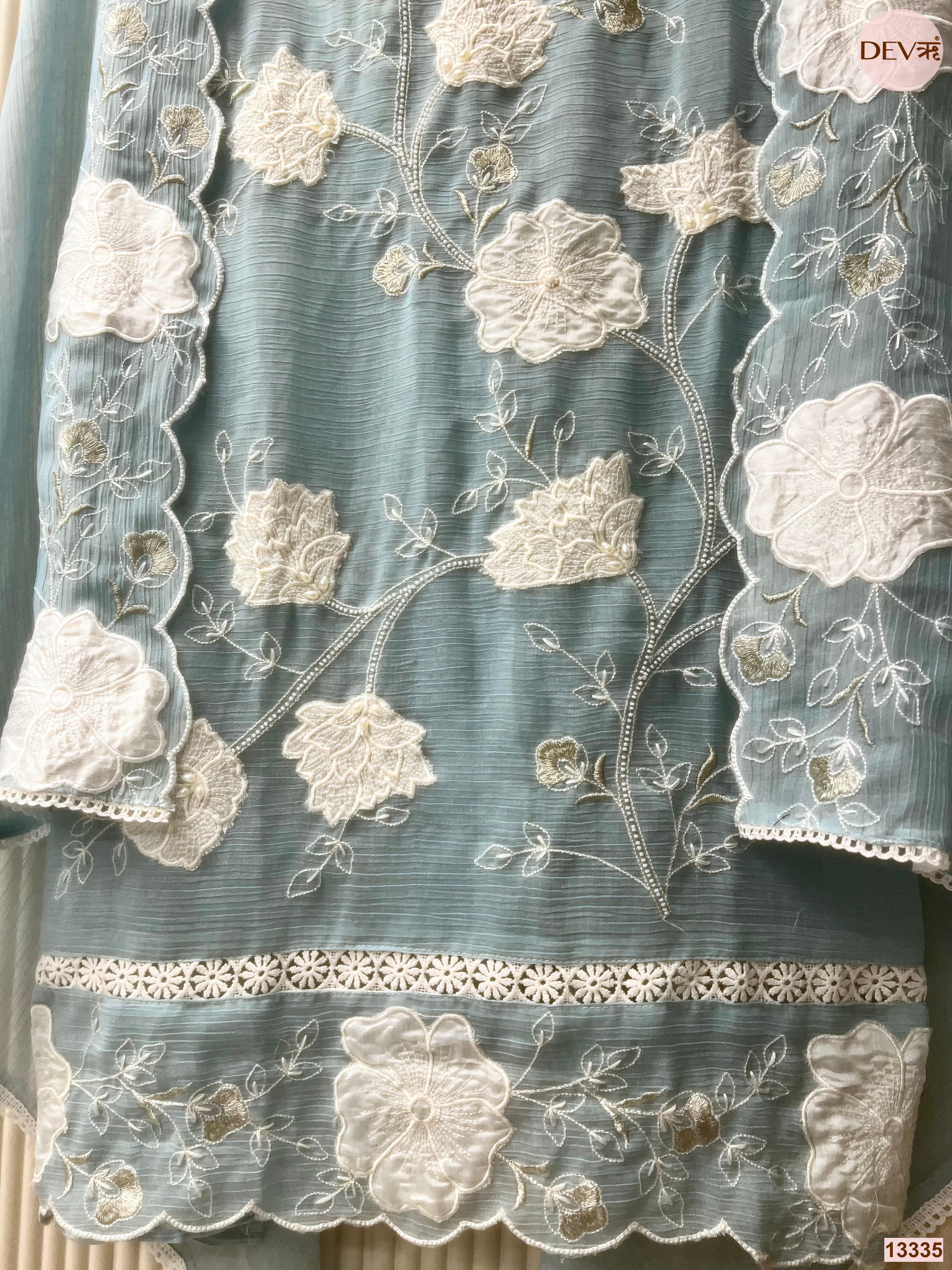 Blue Mul Chanderi Crush Embroidered Unstitched 3-Piece Suit (Devri – D.No 13335)