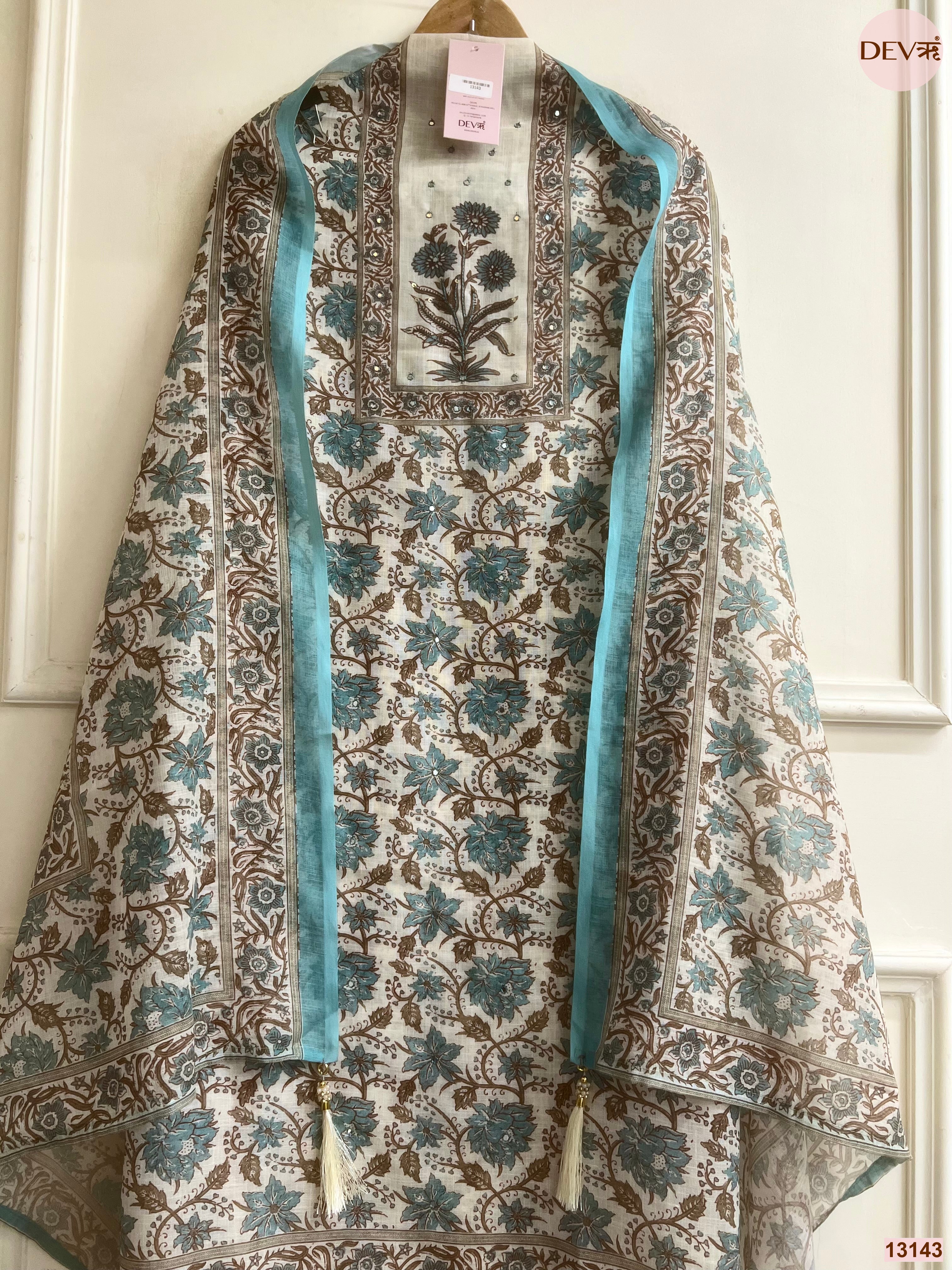 Teal Linen Printed Unstitched 3-Piece Suit (Devri – D.No 13143)
