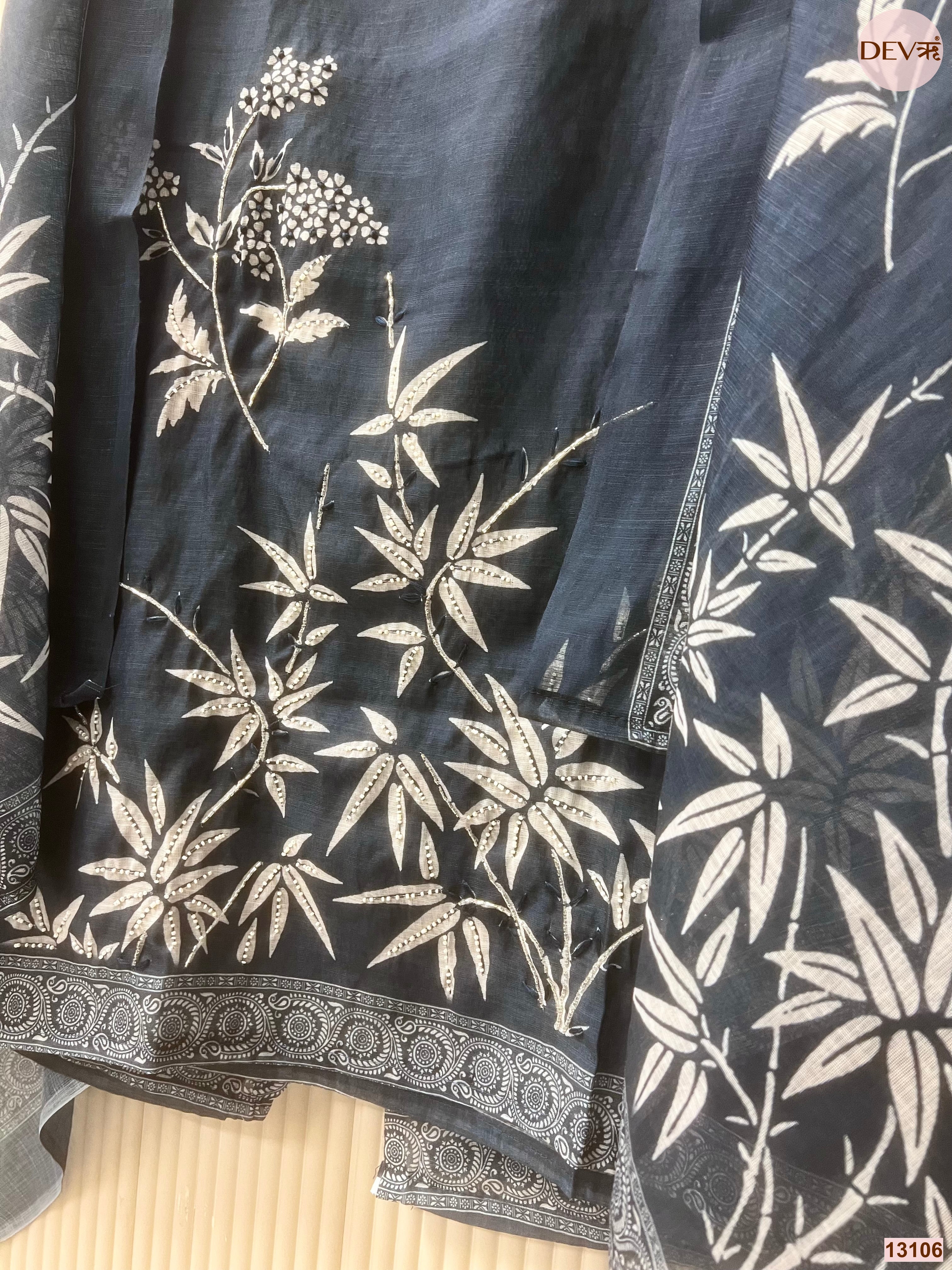 Navy Linen Cotton Printed Unstitched 3-Piece Suit (Devri – D.No 13106)