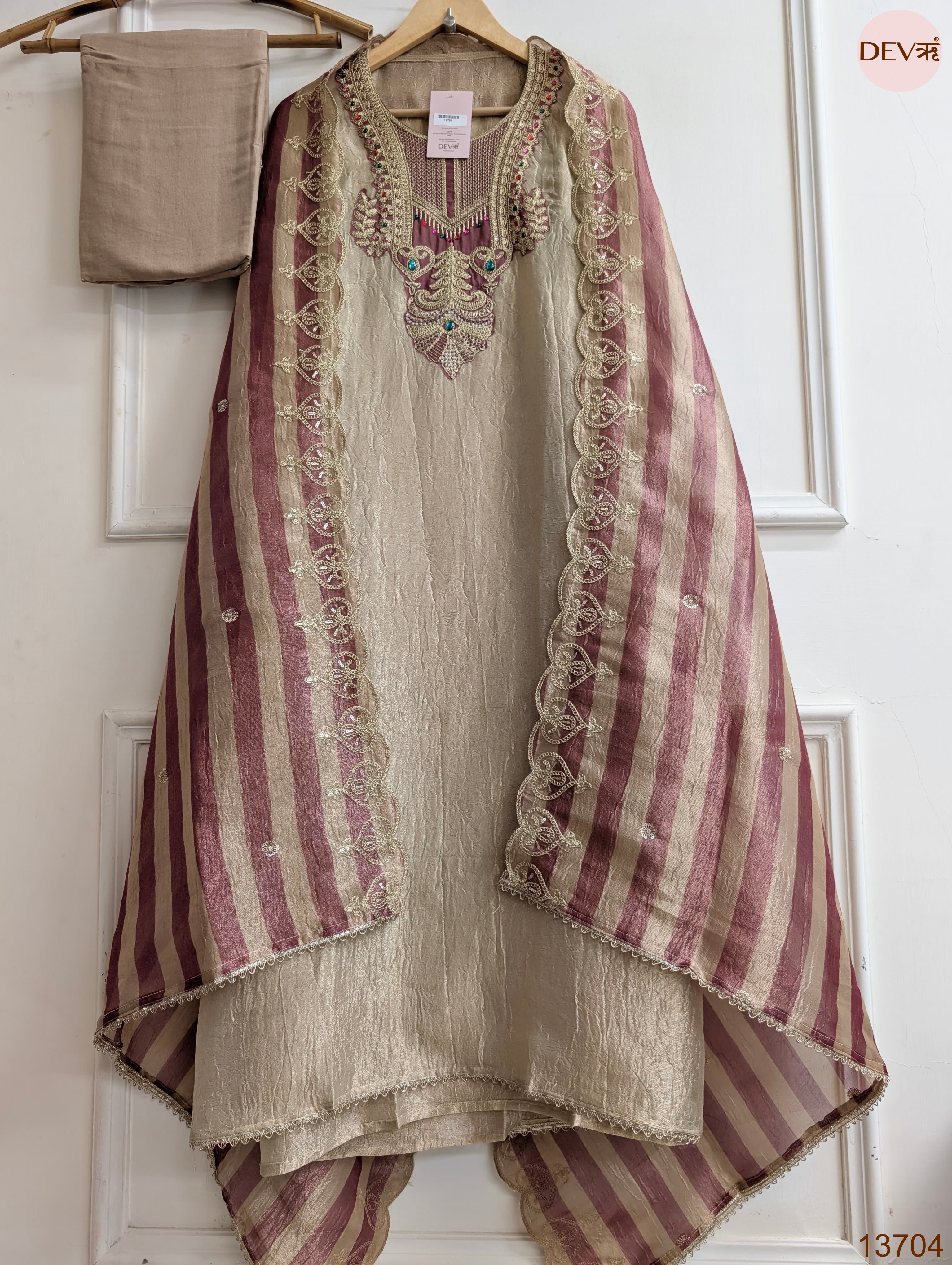 Beige Pure Tissue Silk Embroidered Unstitched 3-Piece Suit (Devri – D.No 13704)