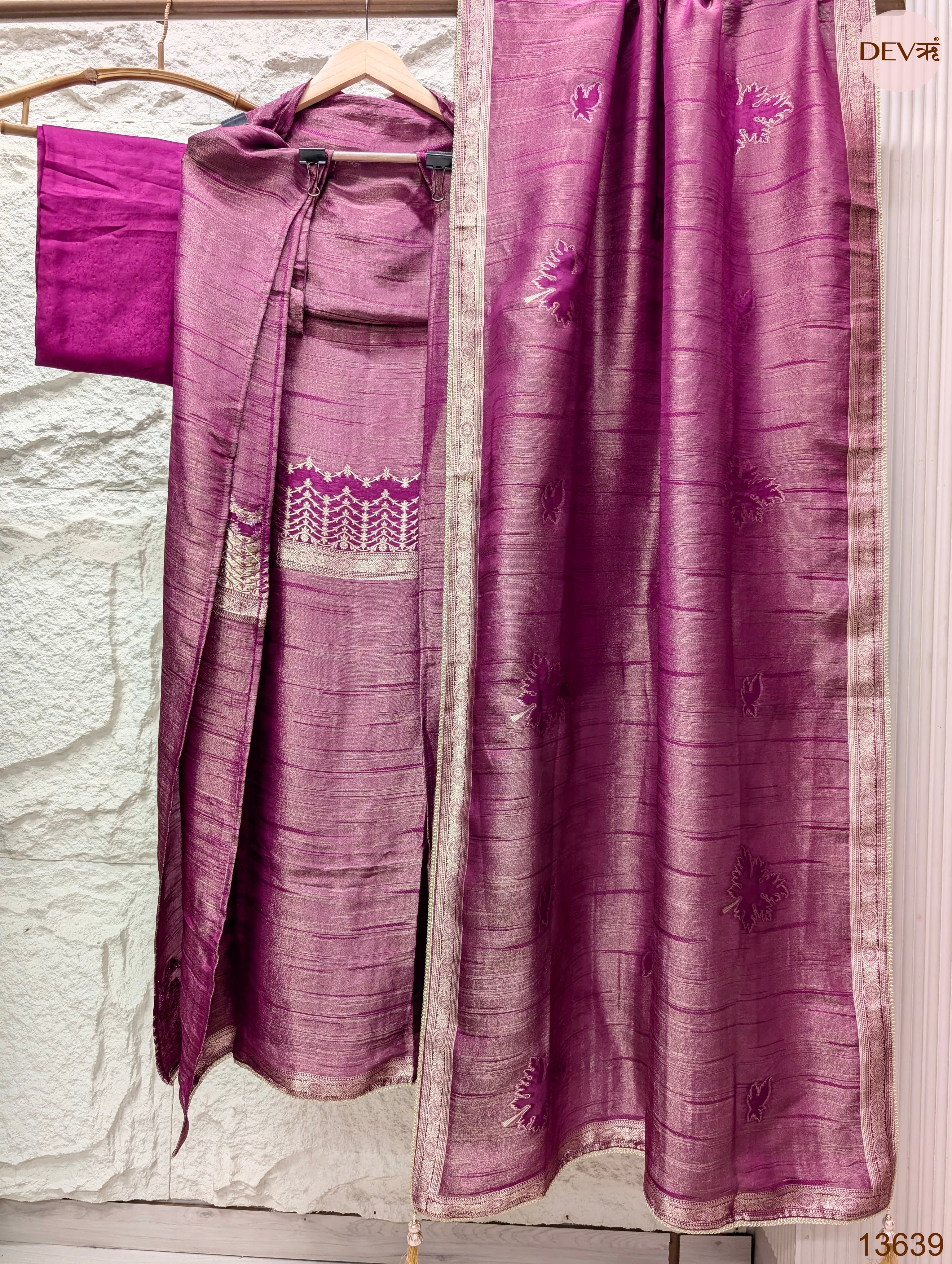 Magenta Pure Girafe Banarasi Silk Embroidered Unstitched 3-Piece Suit (Devri – D.No 13639)